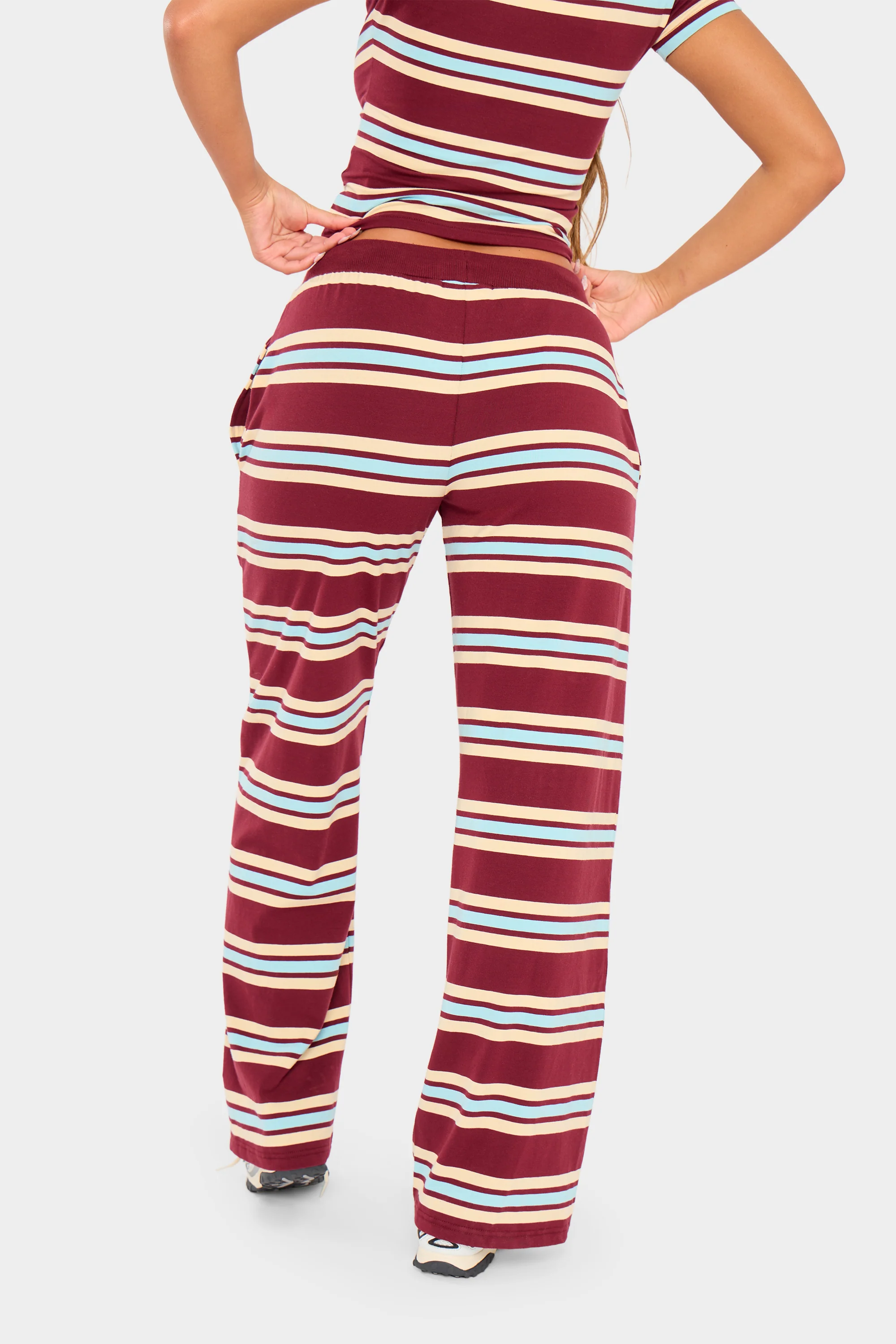 Kaiia Striped Label Logo Wide Leg Trousers Burgundy & Baby Blue - Image 6