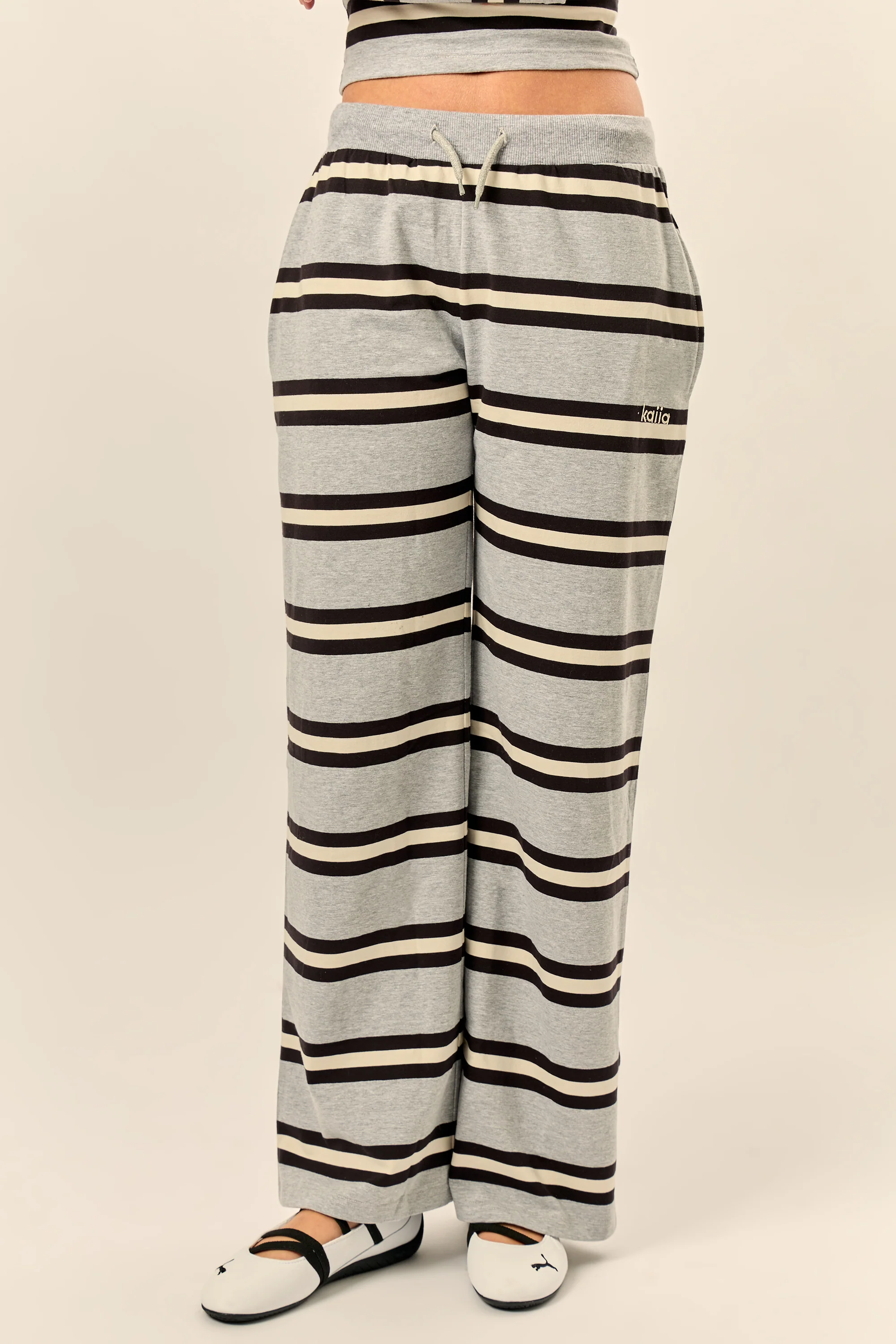 Kaiia Striped Wide Leg Trousers Grey Marl, Cream & Black - Image 3