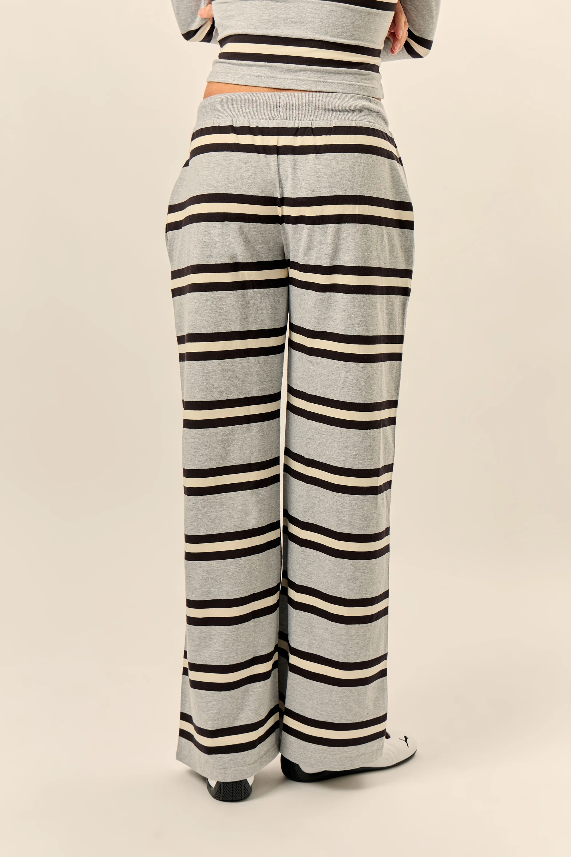 Kaiia Striped Wide Leg Trousers Grey Marl, Cream & Black - Image 4