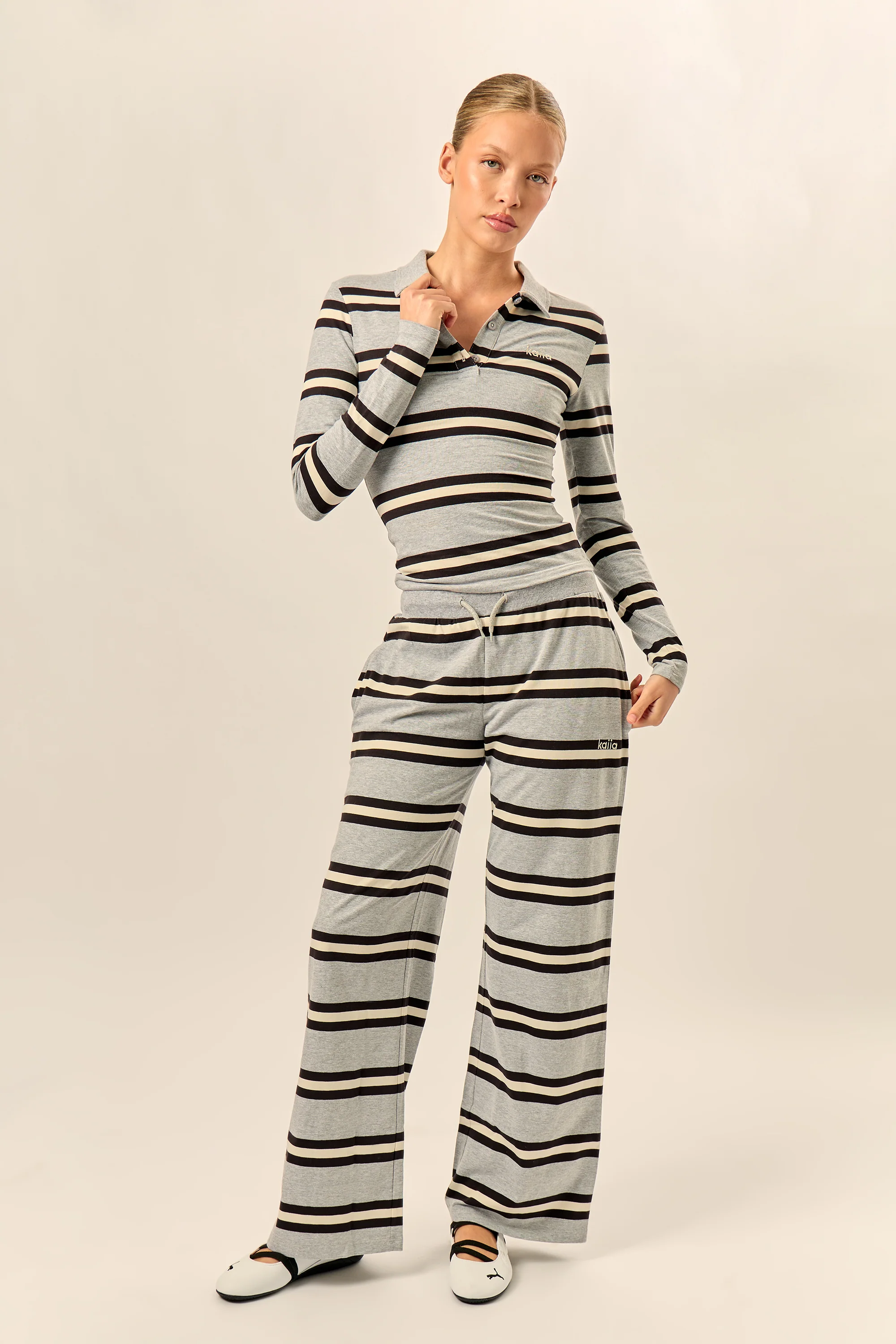 Kaiia Striped Wide Leg Trousers Grey Marl, Cream & Black - Image 5