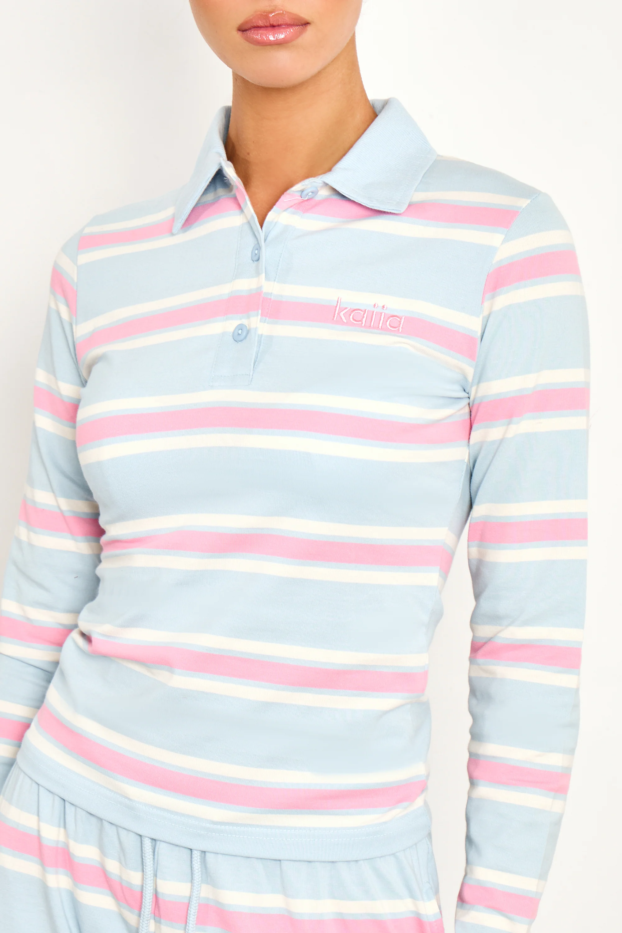 Kaiia Striped Long Sleeve Polo Top Baby Pink & Baby Blue - Image 2