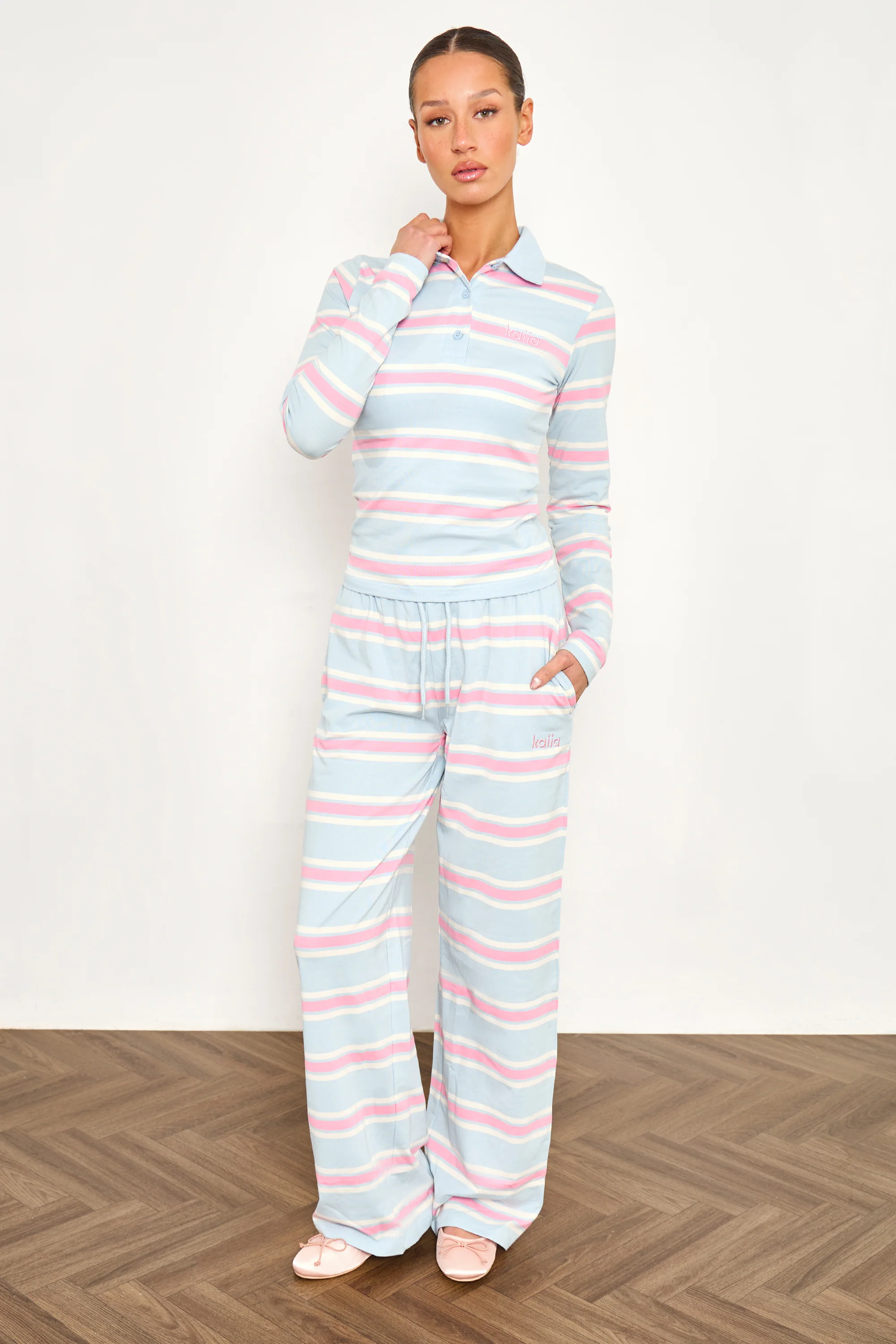 Kaiia Striped Long Sleeve Polo Top Baby Pink & Baby Blue - Image 3