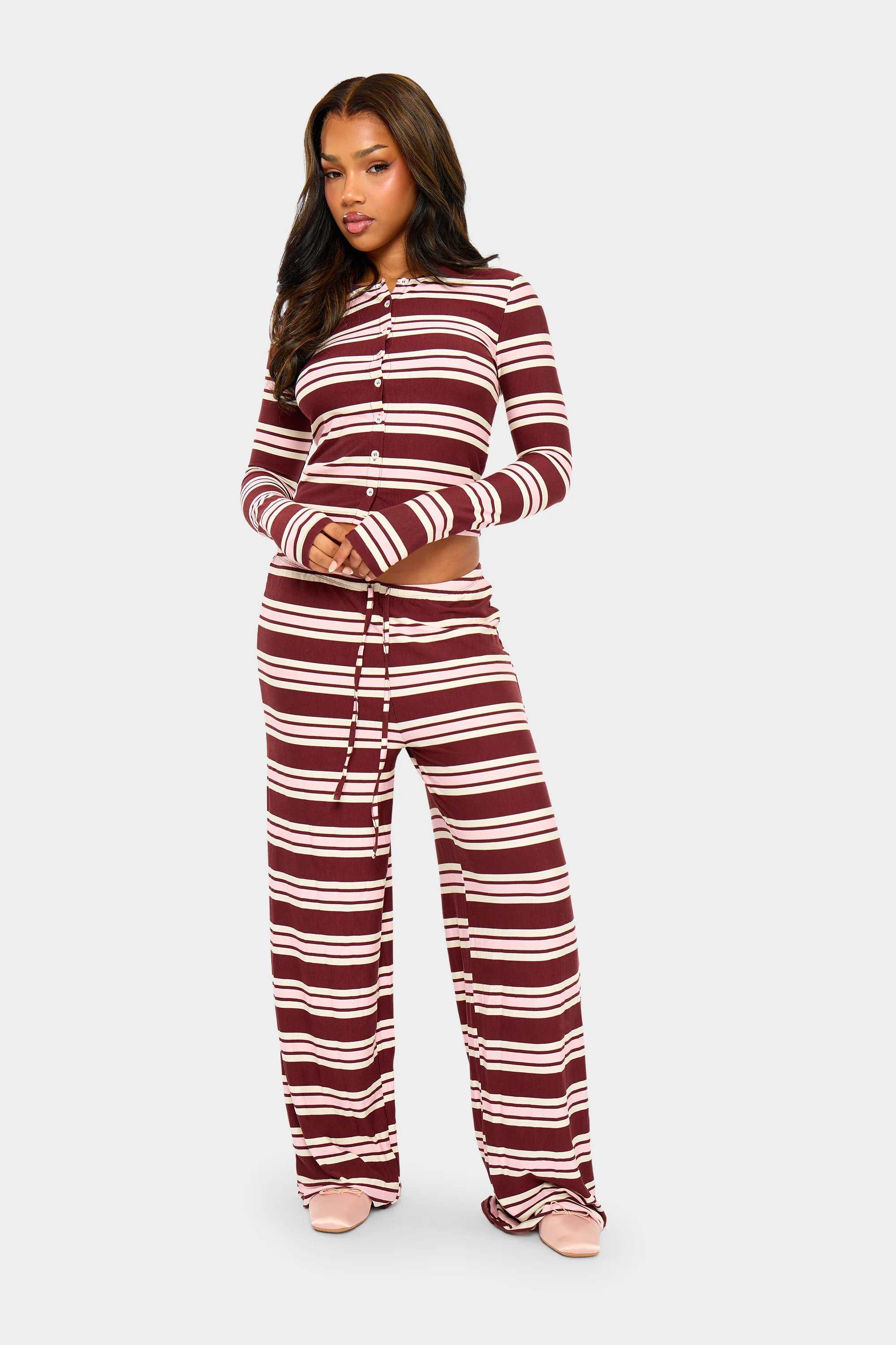 Kaiia Striped Button Up Long Sleeve Crop Top Burgundy & Pink - Image 3