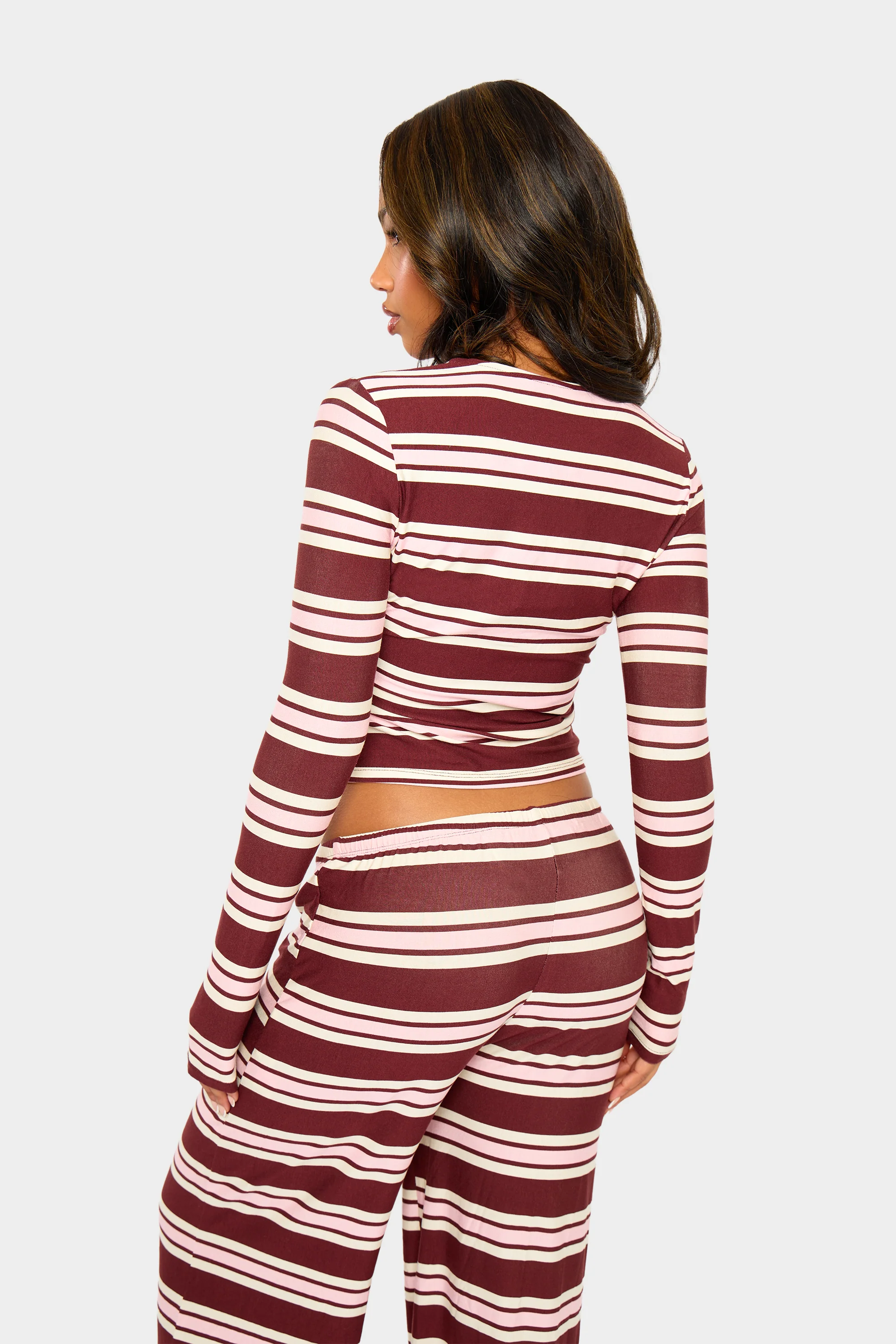 Kaiia Striped Button Up Long Sleeve Crop Top Burgundy & Pink - Image 4