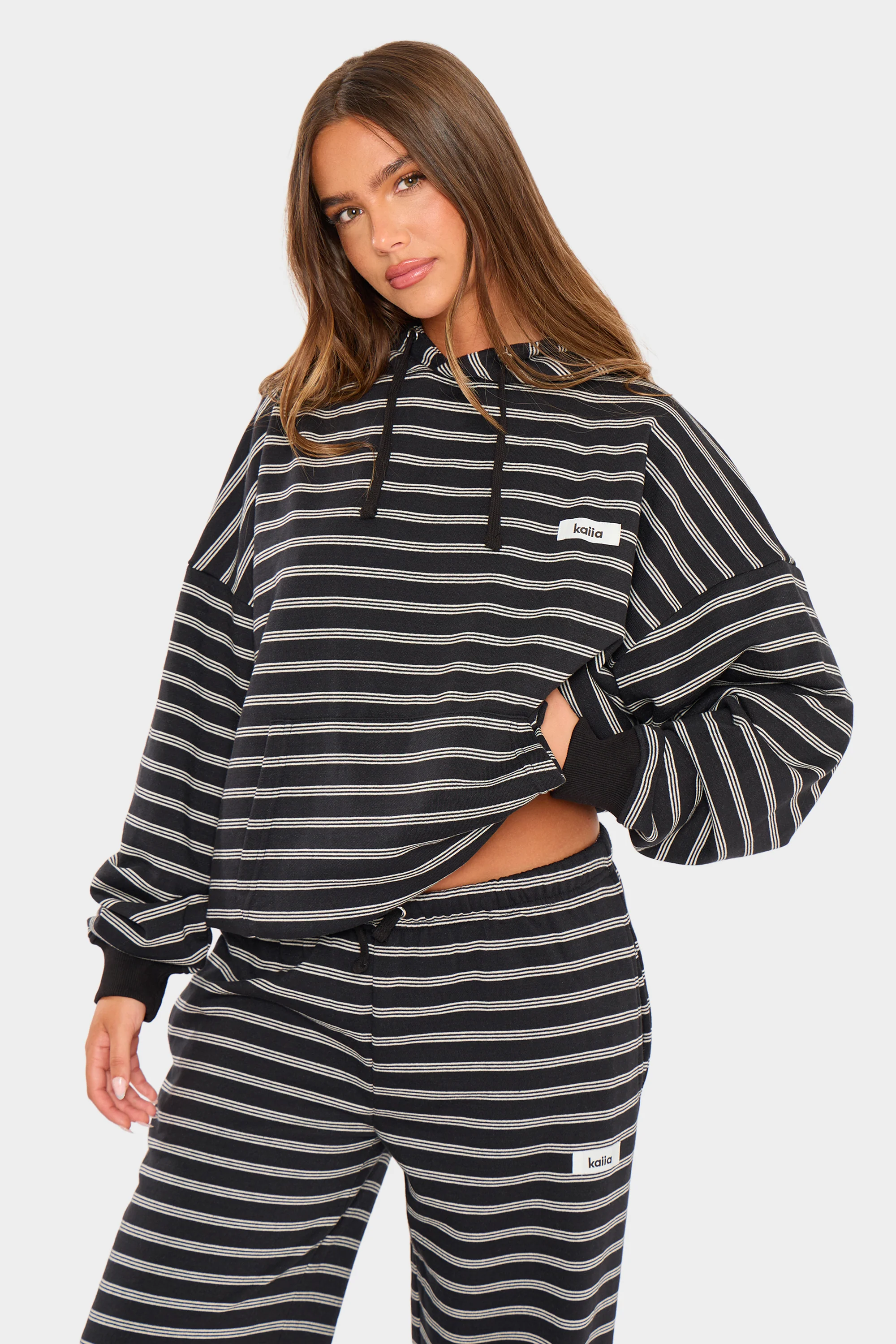 Kaiia Striped Oversized Hoodie Black & Cream - Image 5