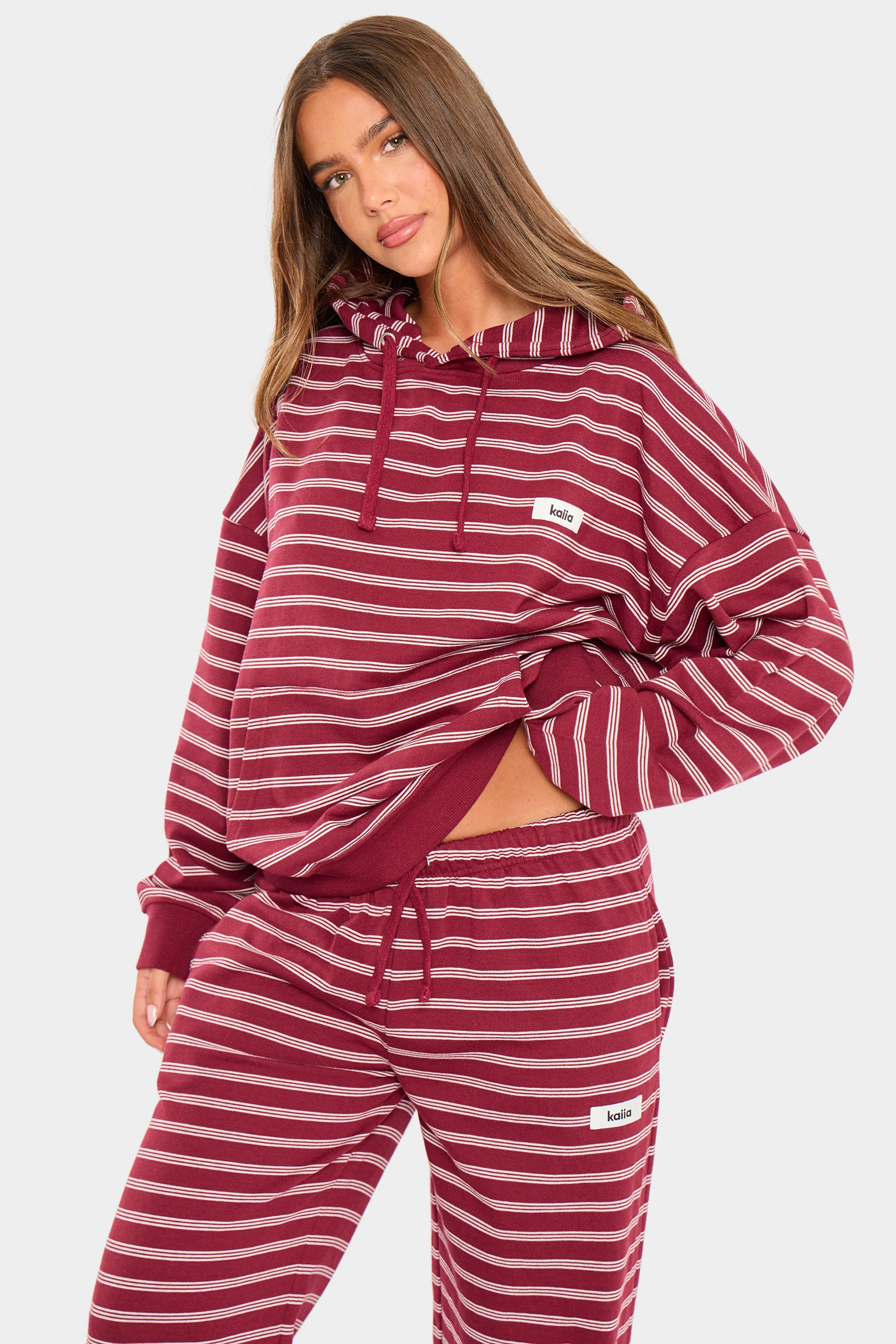 Kaiia Striped Oversized Hoodie Burgundy & Cream - Image 5