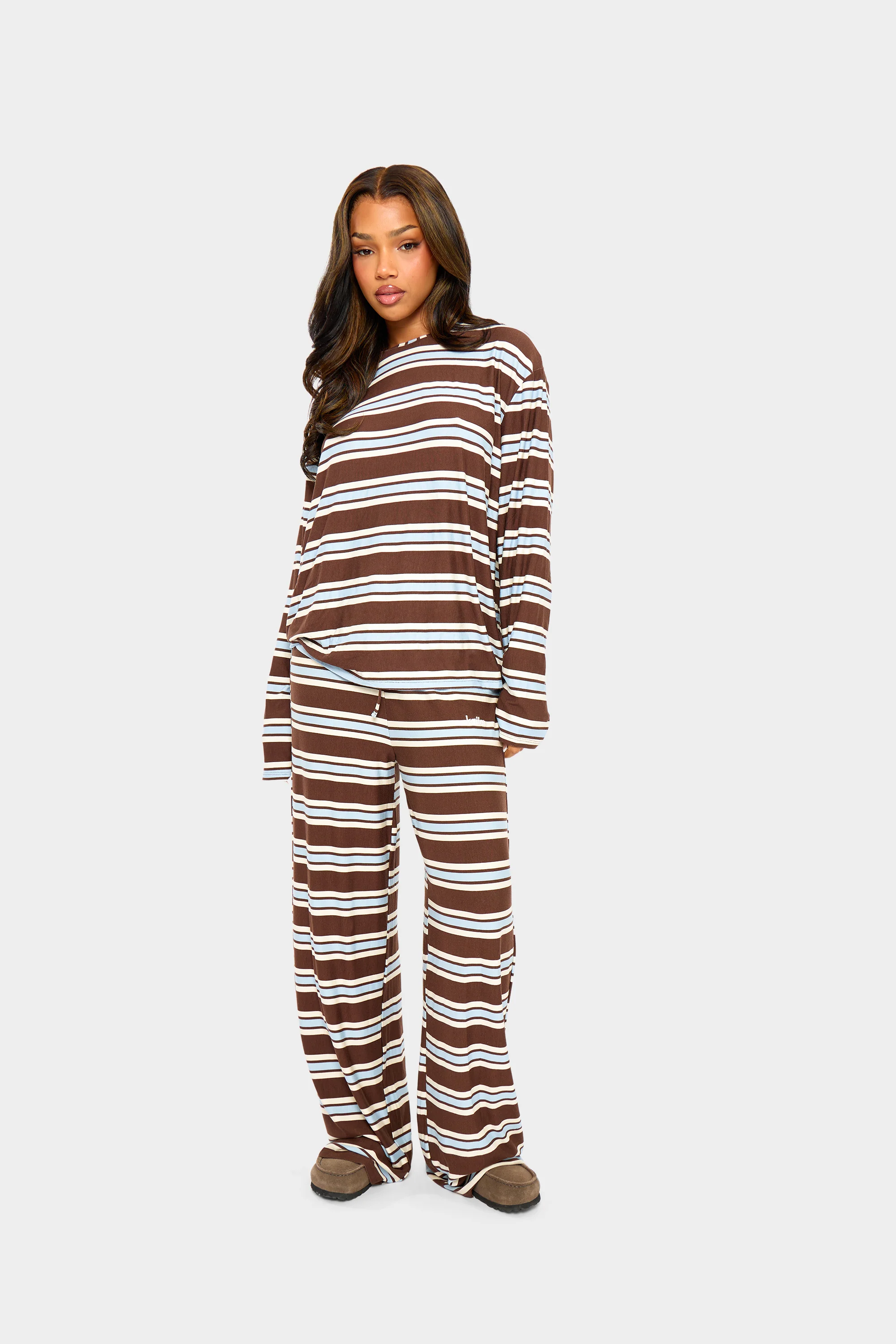 Kaiia Striped Oversized Long Sleeve T-shirt Brown Blue & Cream - Image 3