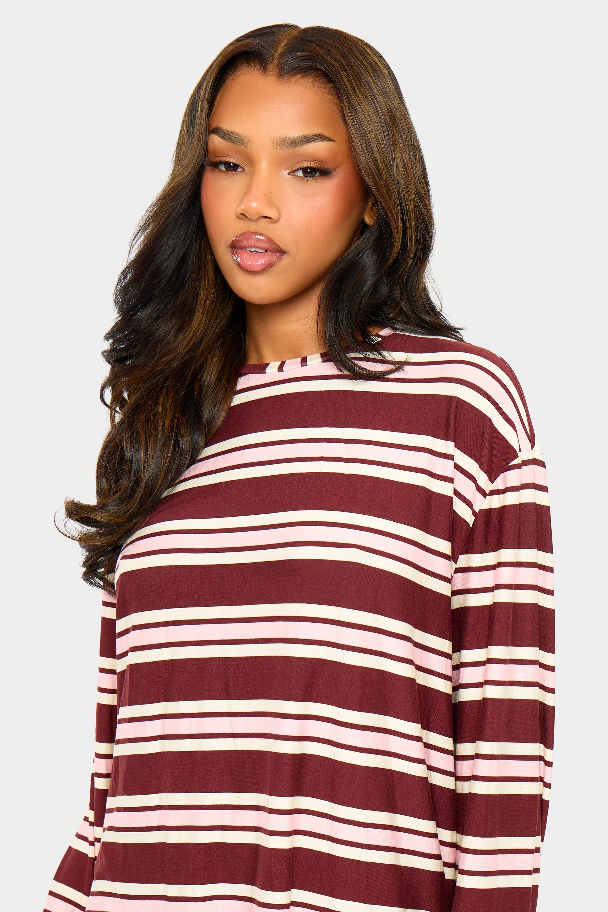 Kaiia Striped Oversized Long Sleeve T-shirt Burgundy & Pink - Image 2