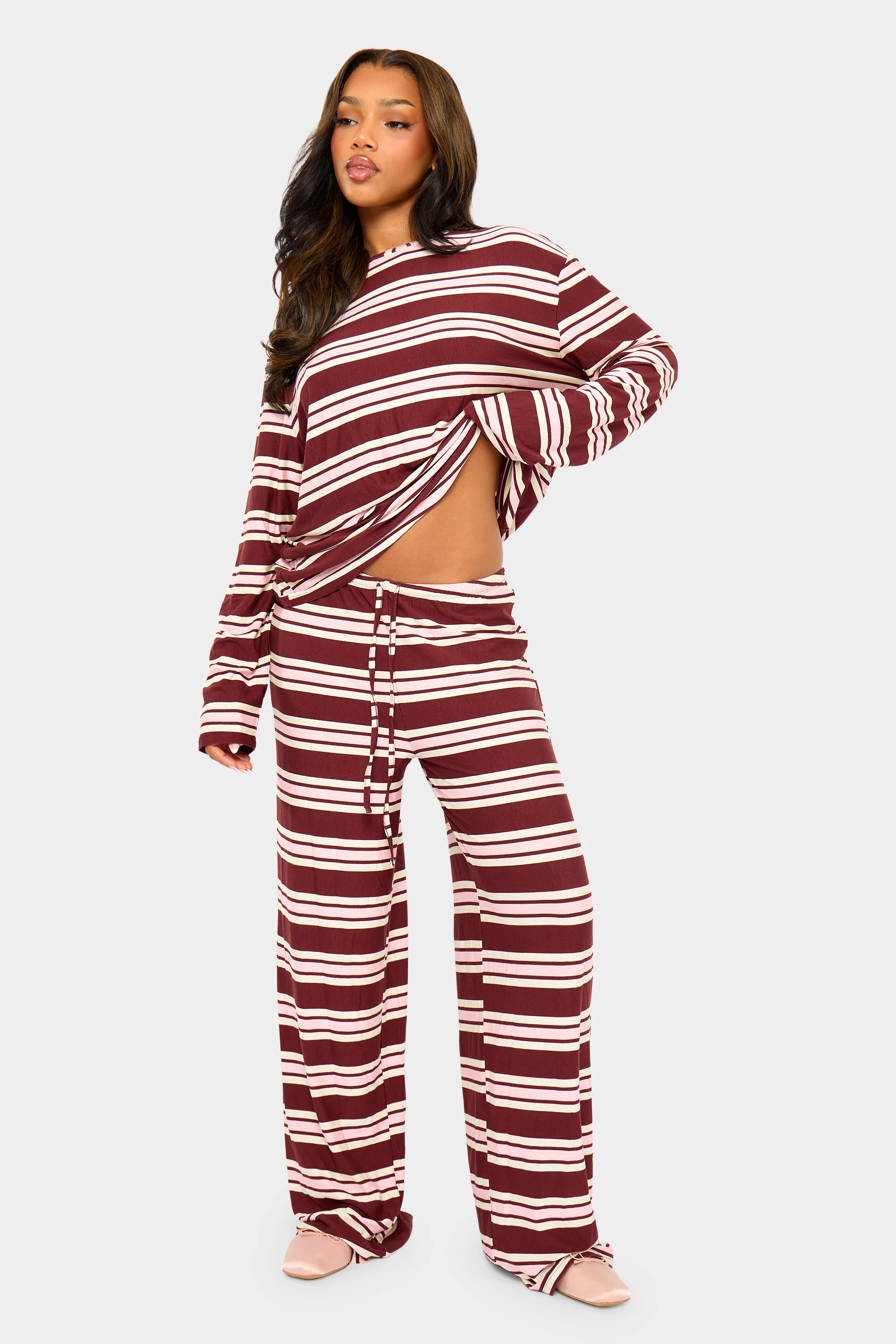 Kaiia Striped Oversized Long Sleeve T-shirt Burgundy & Pink - Image 3