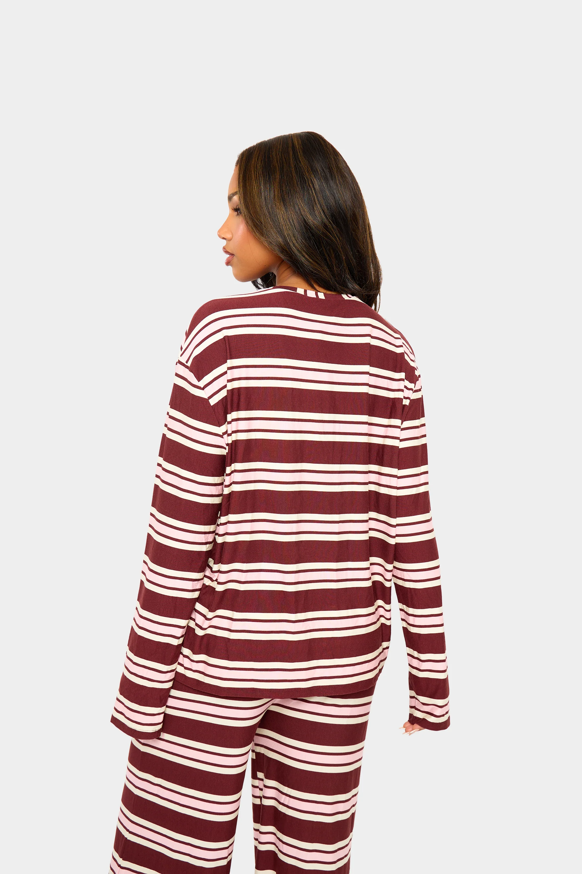 Kaiia Striped Oversized Long Sleeve T-shirt Burgundy & Pink - Image 4