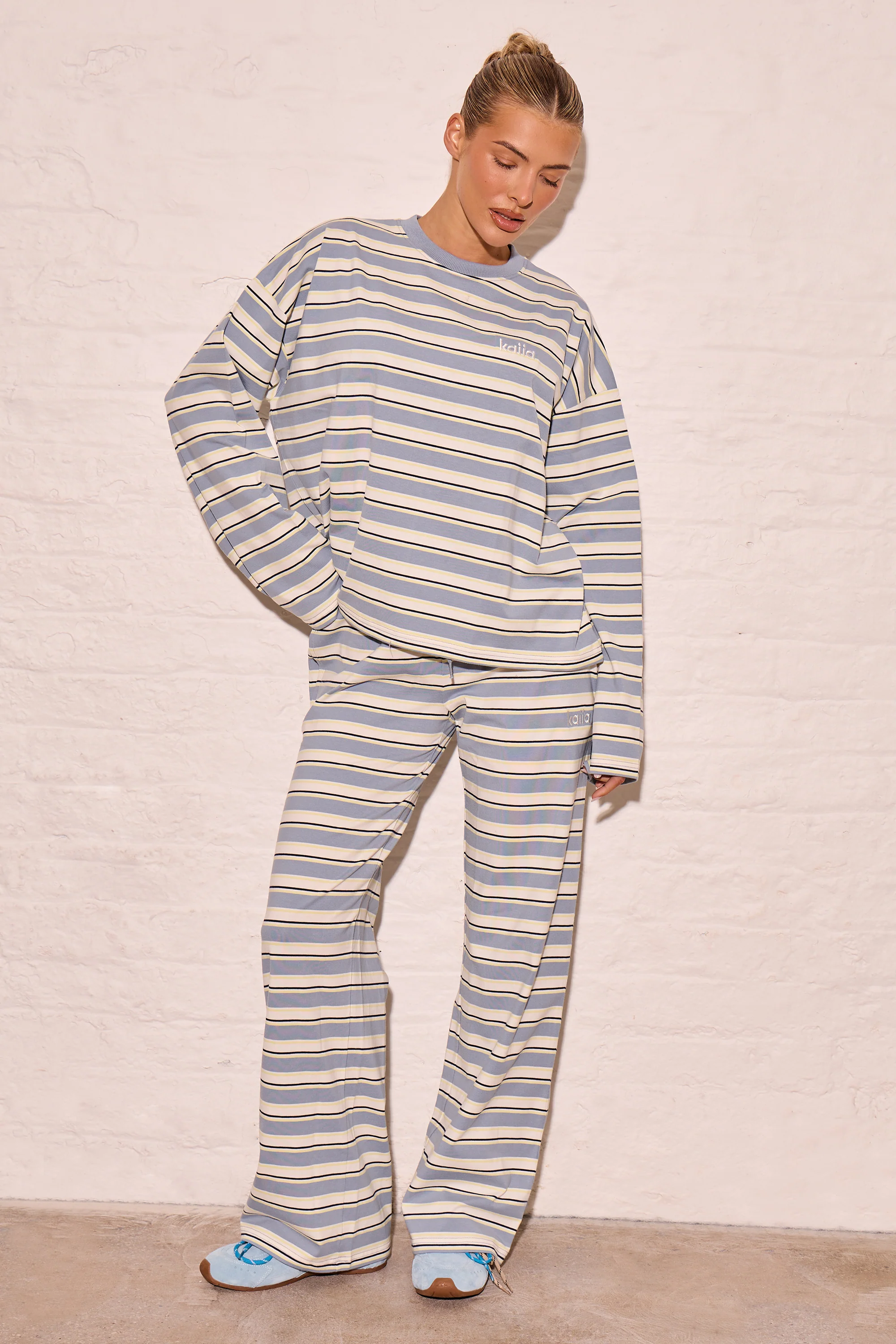 Kaiia Striped Oversized Long Sleeve T-shirt Soft Blue & Yellow - Image 3