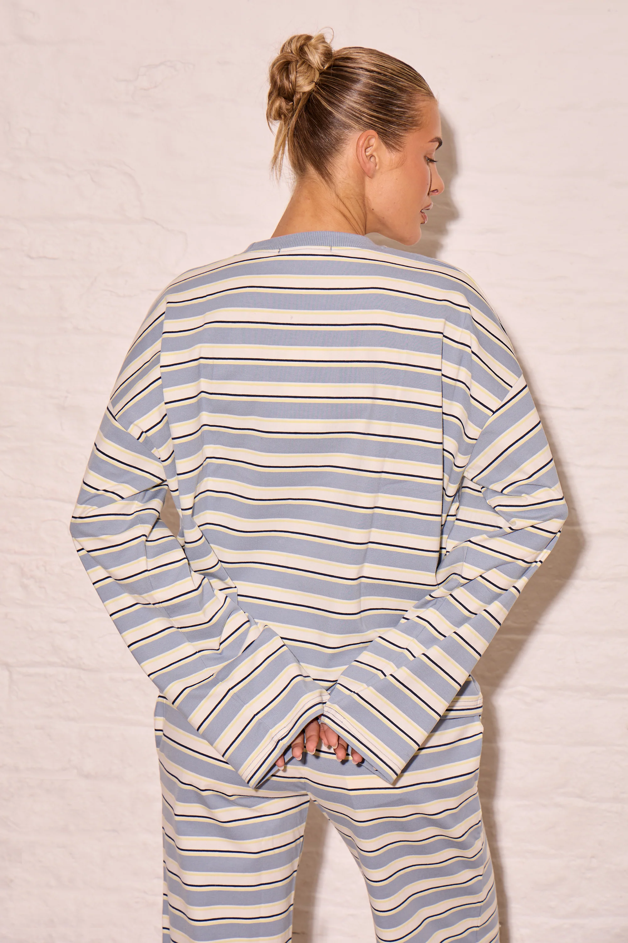 Kaiia Striped Oversized Long Sleeve T-shirt Soft Blue & Yellow - Image 4
