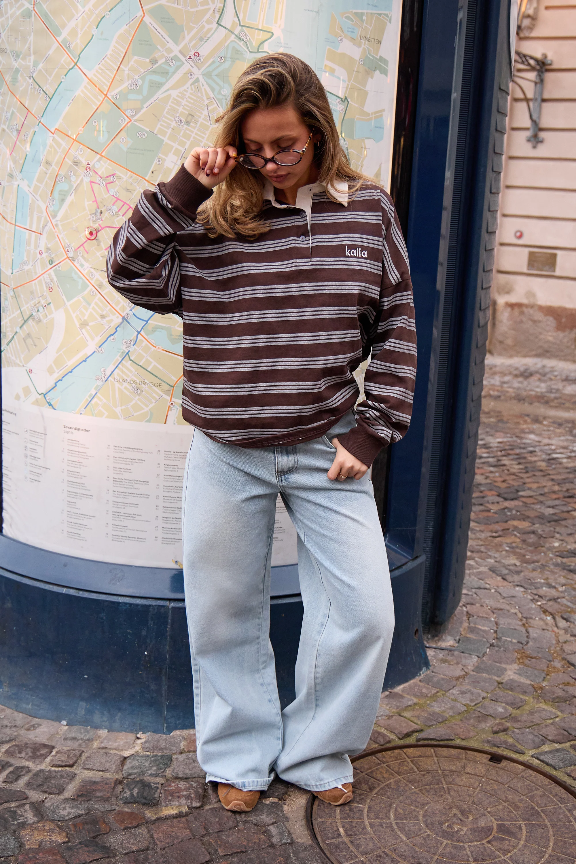 Kaiia Striped Oversized Rugby Shirt Bitter Chocolate & Cream - Image 3