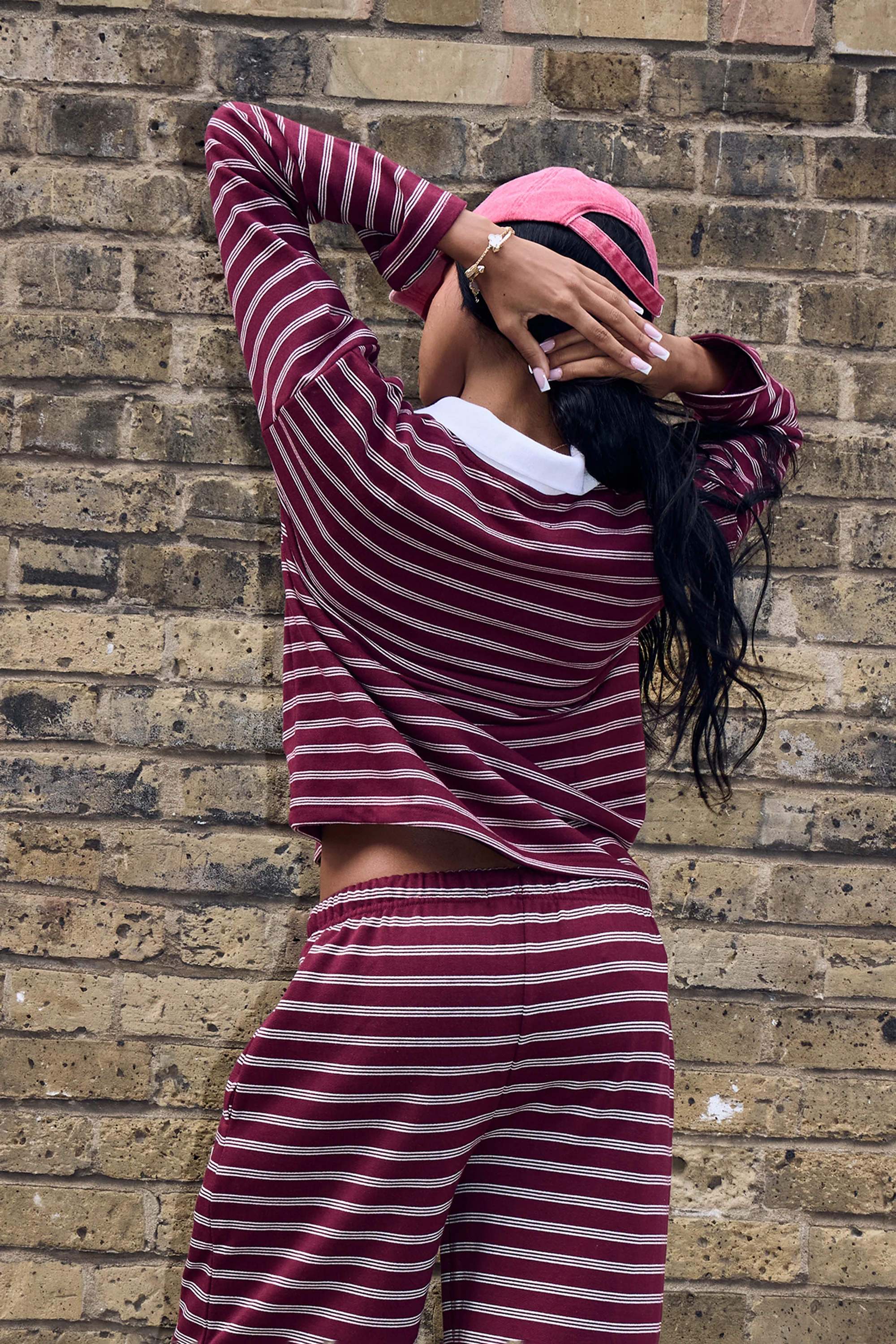 Kaiia Striped Oversized Rugby Shirt Burgundy & Cream - Image 4