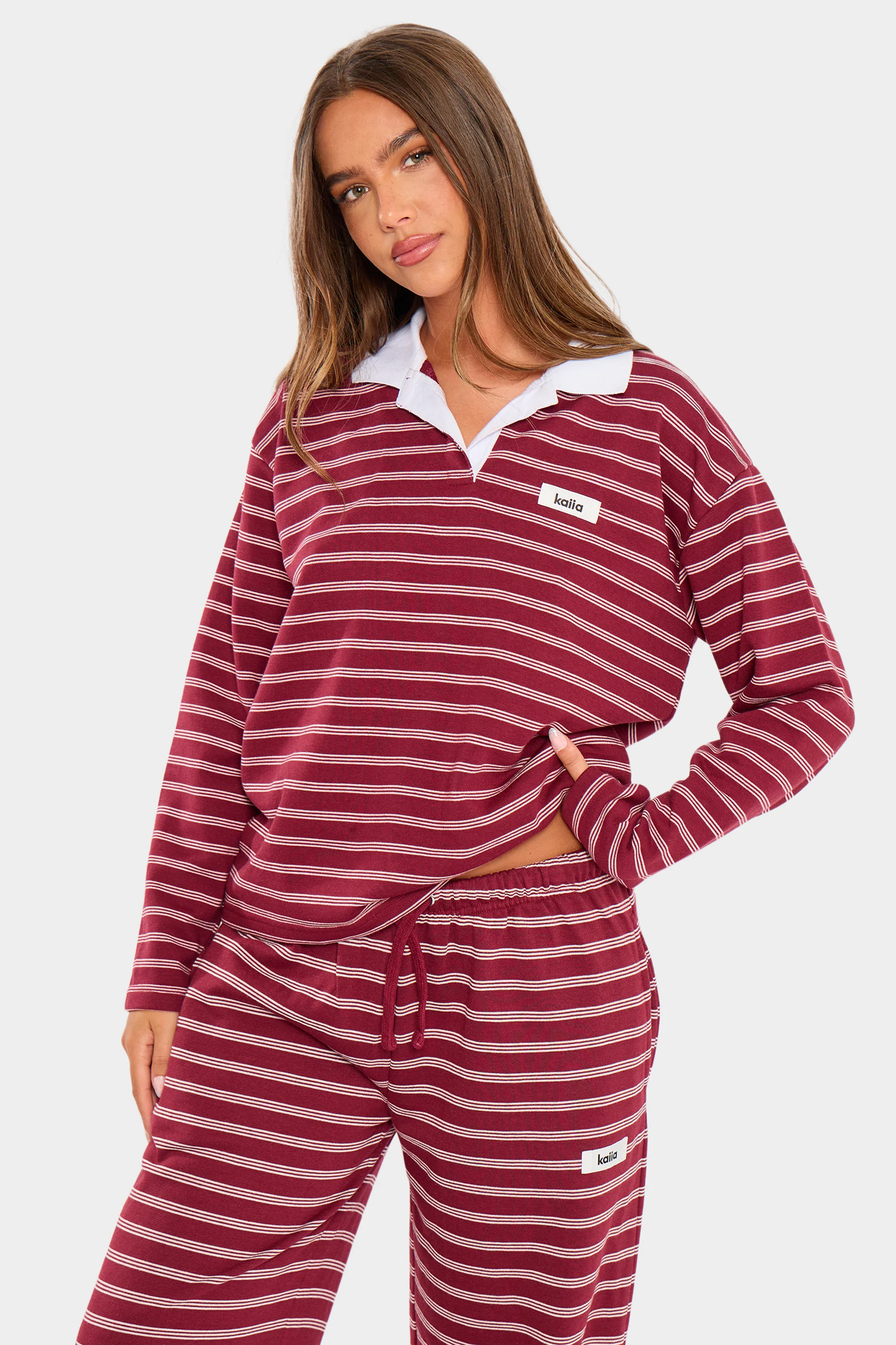 Kaiia Striped Oversized Rugby Shirt Burgundy & Cream - Image 5