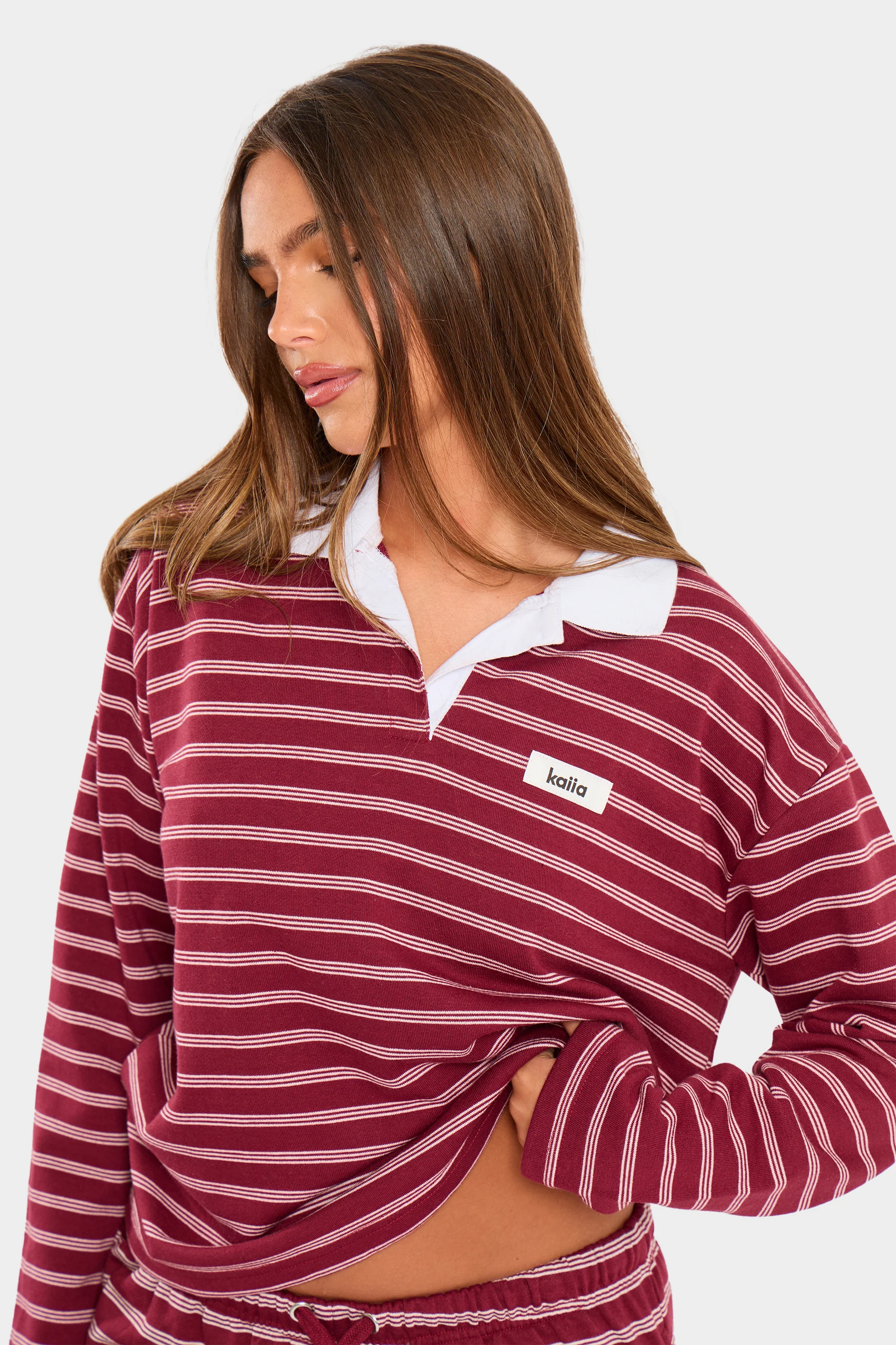 Kaiia Striped Oversized Rugby Shirt Burgundy & Cream - Image 6