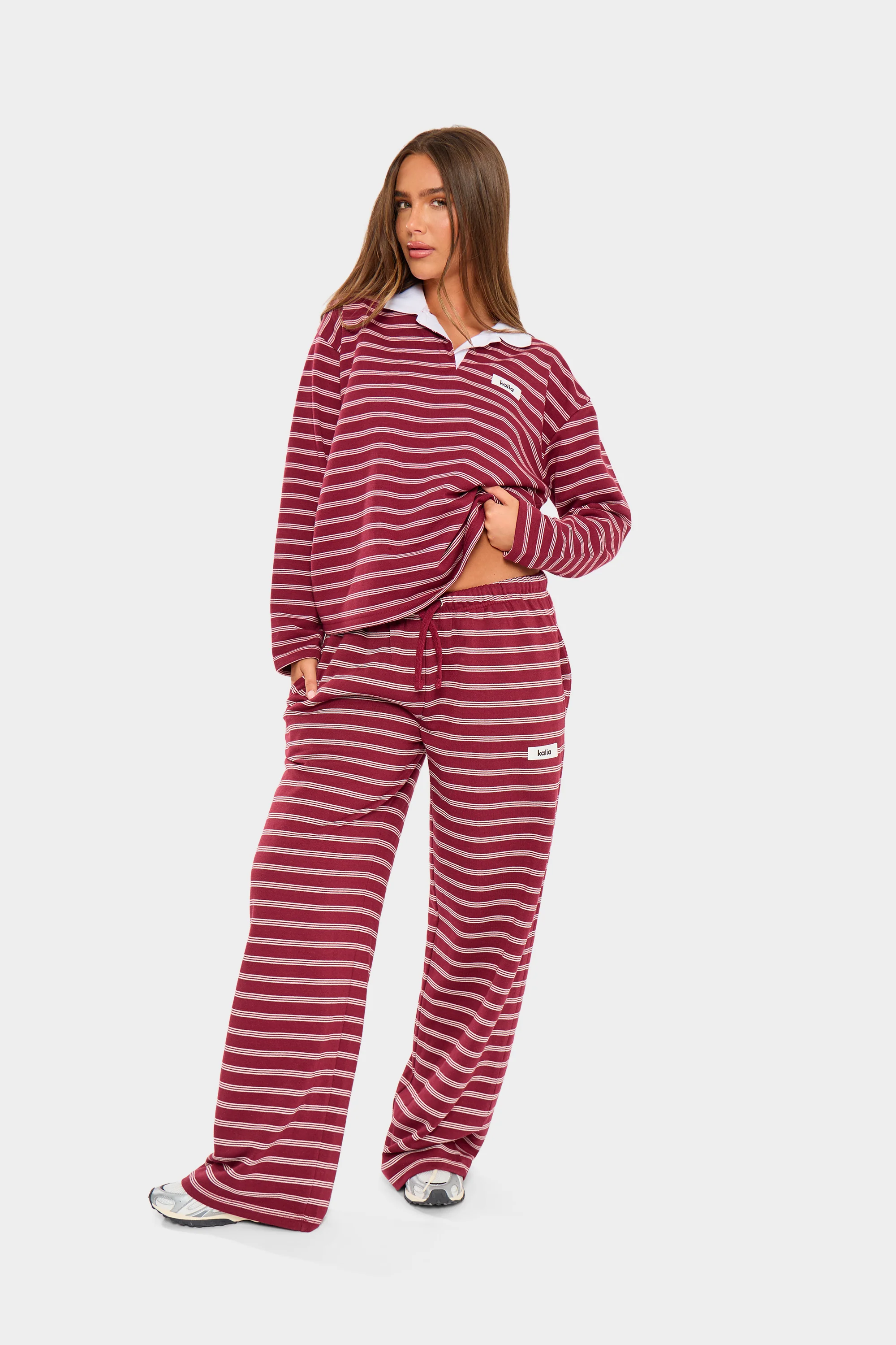 Kaiia Striped Oversized Rugby Shirt Burgundy & Cream - Image 7