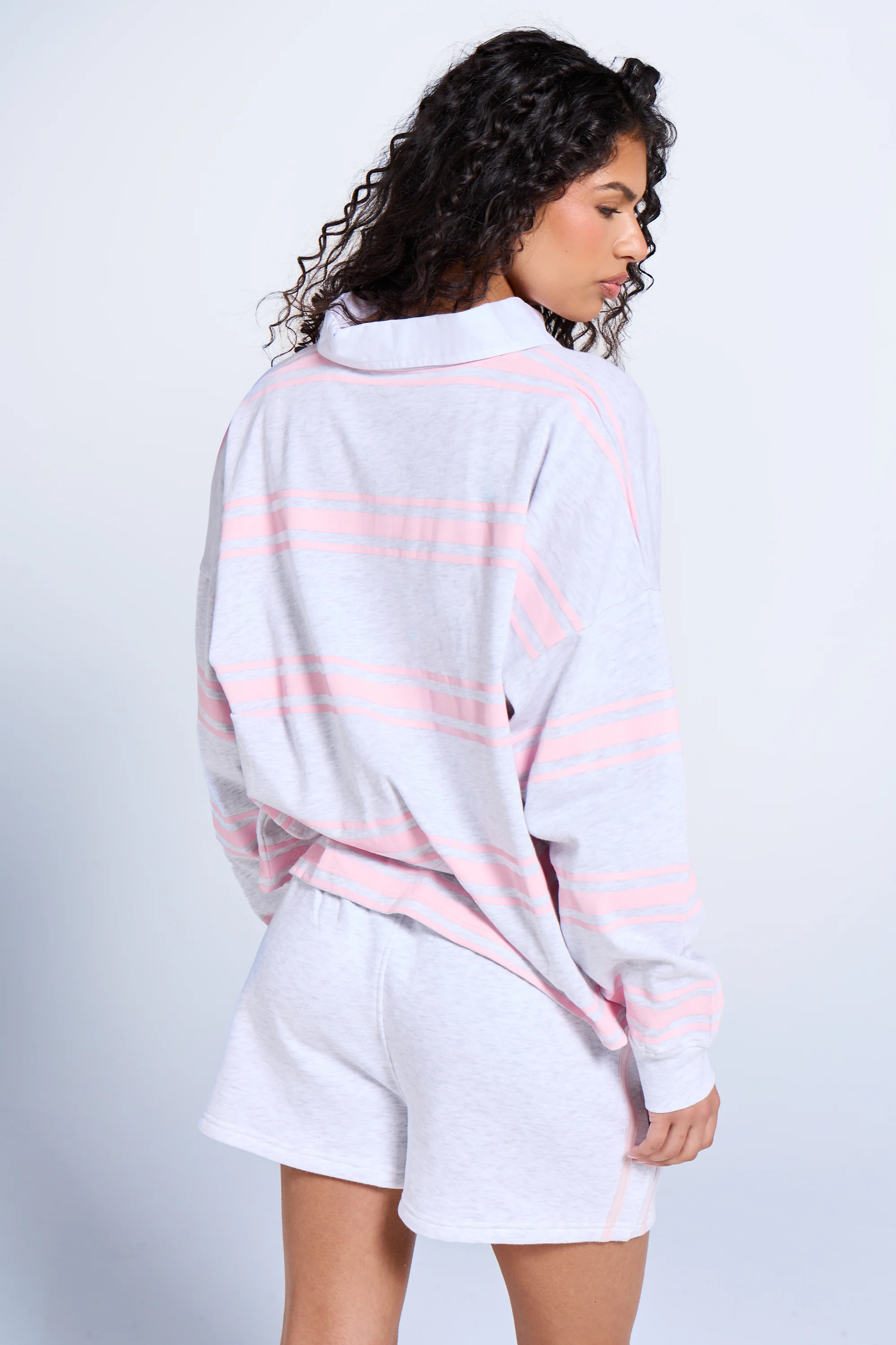 Kaiia Striped Oversized Rugby Shirt Light Grey Marl & Pink Sugar - Image 4