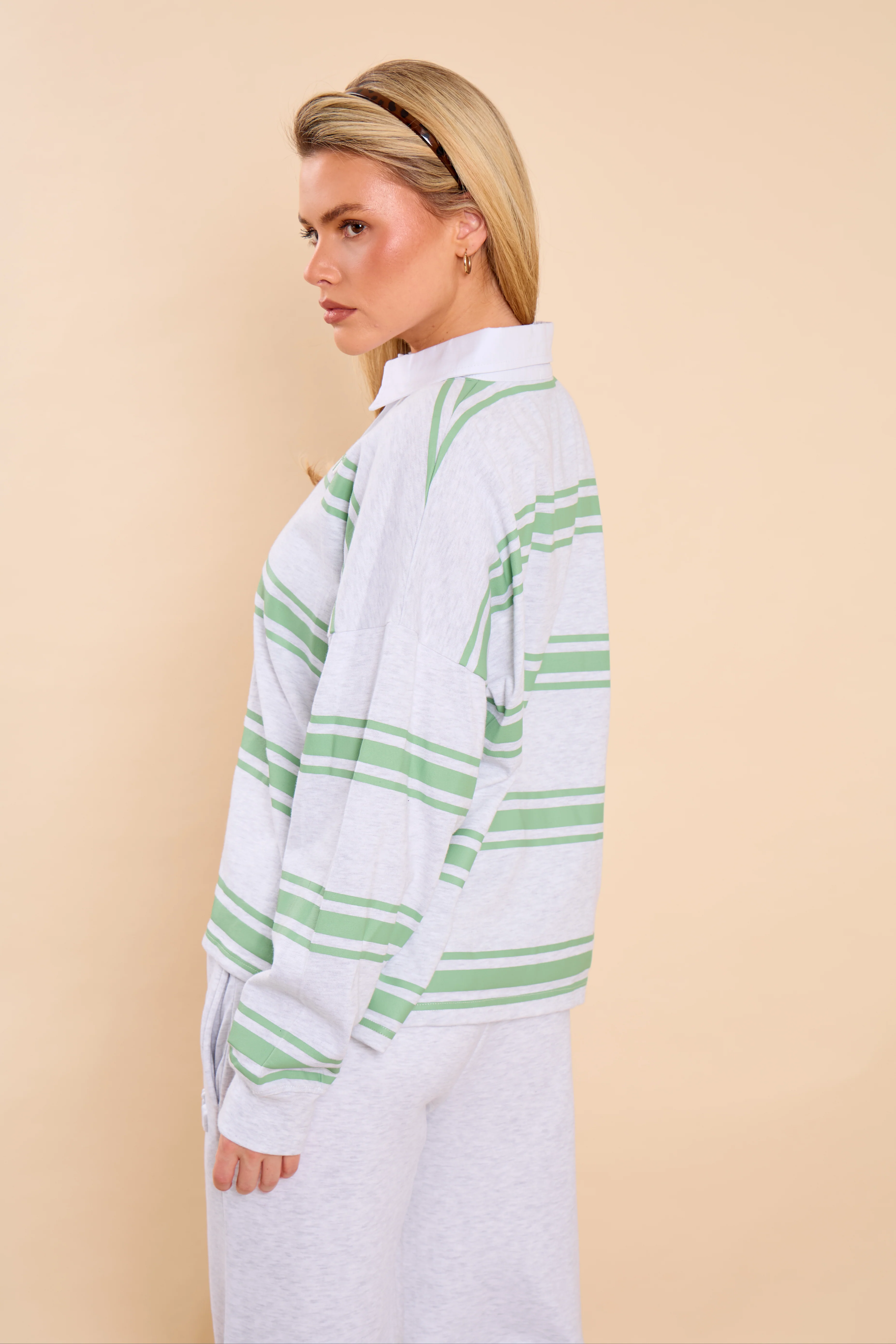Kaiia Striped Oversized Rugby Shirt Matcha Latte - Image 4