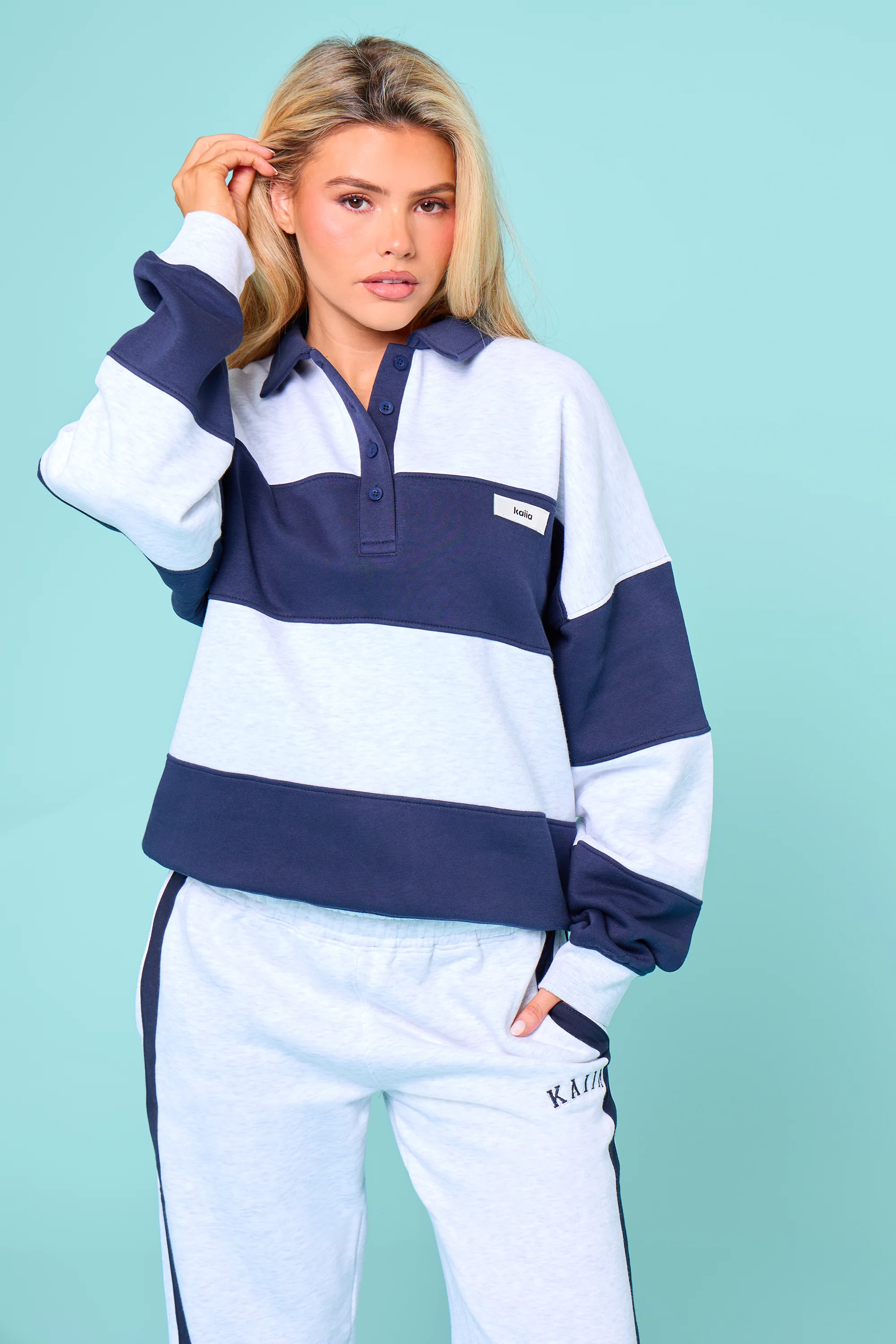 Kaiia Striped Oversized Rugby Sweatshirt Navy & Grey Marl - Image 10