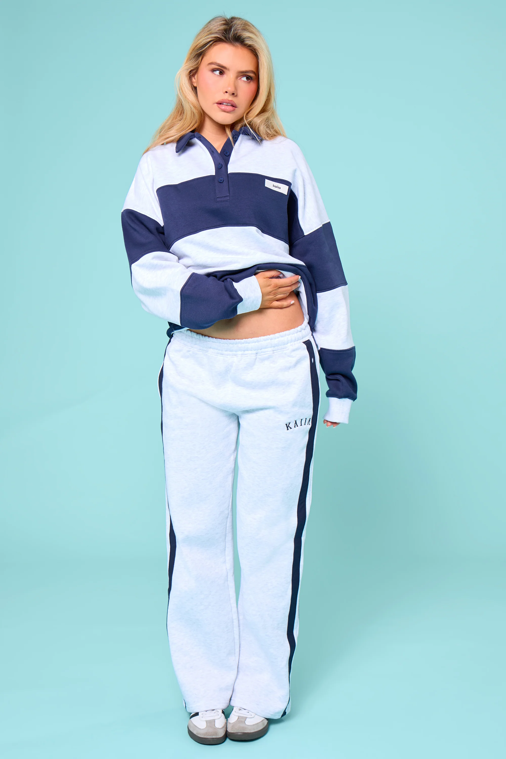 Kaiia Striped Oversized Rugby Sweatshirt Navy & Grey Marl - Image 11