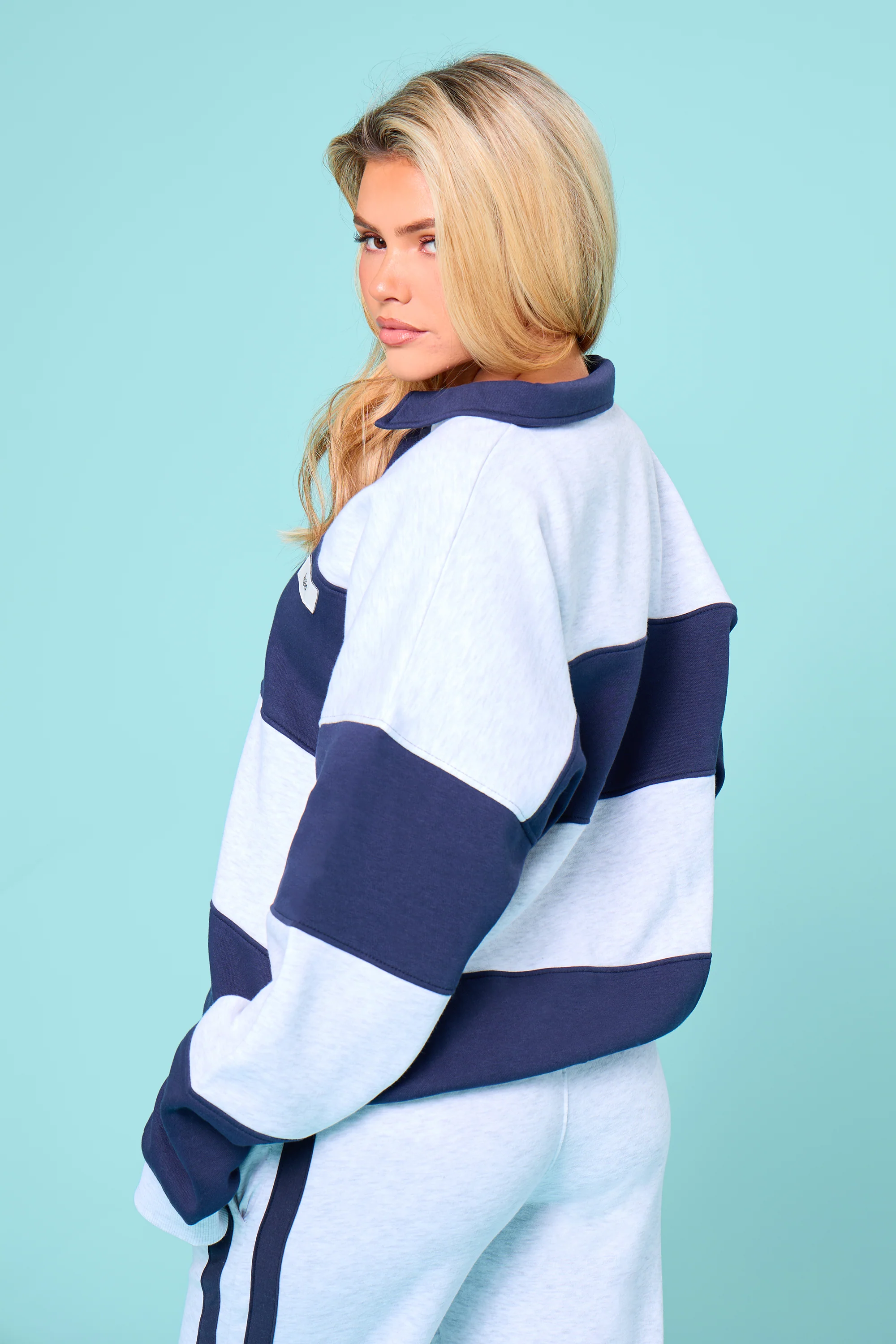 Kaiia Striped Oversized Rugby Sweatshirt Navy & Grey Marl - Image 13