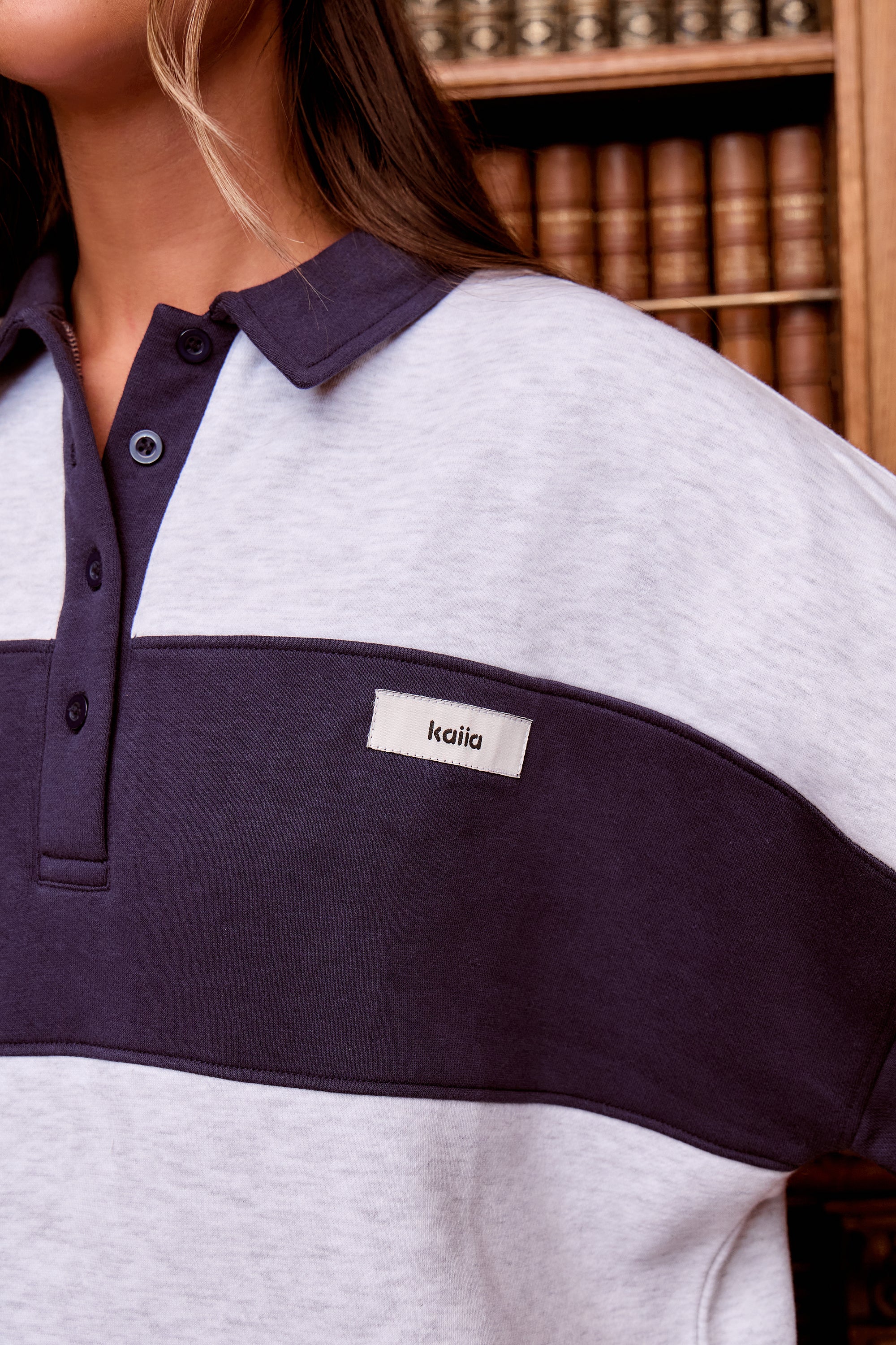 Kaiia Striped Oversized Rugby Sweatshirt Navy & Grey Marl - Image 3