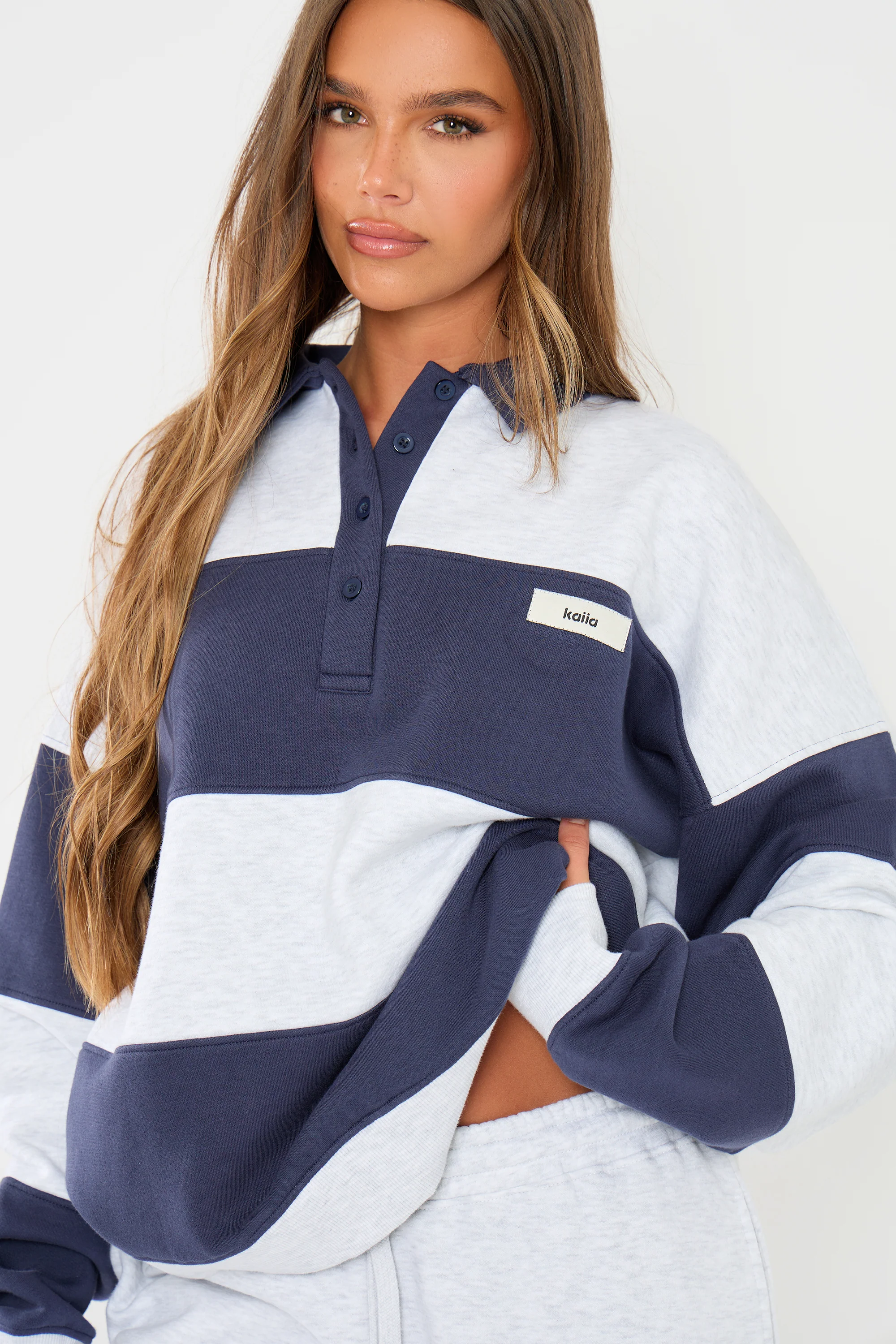Kaiia Striped Oversized Rugby Sweatshirt Navy & Grey Marl - Image 6