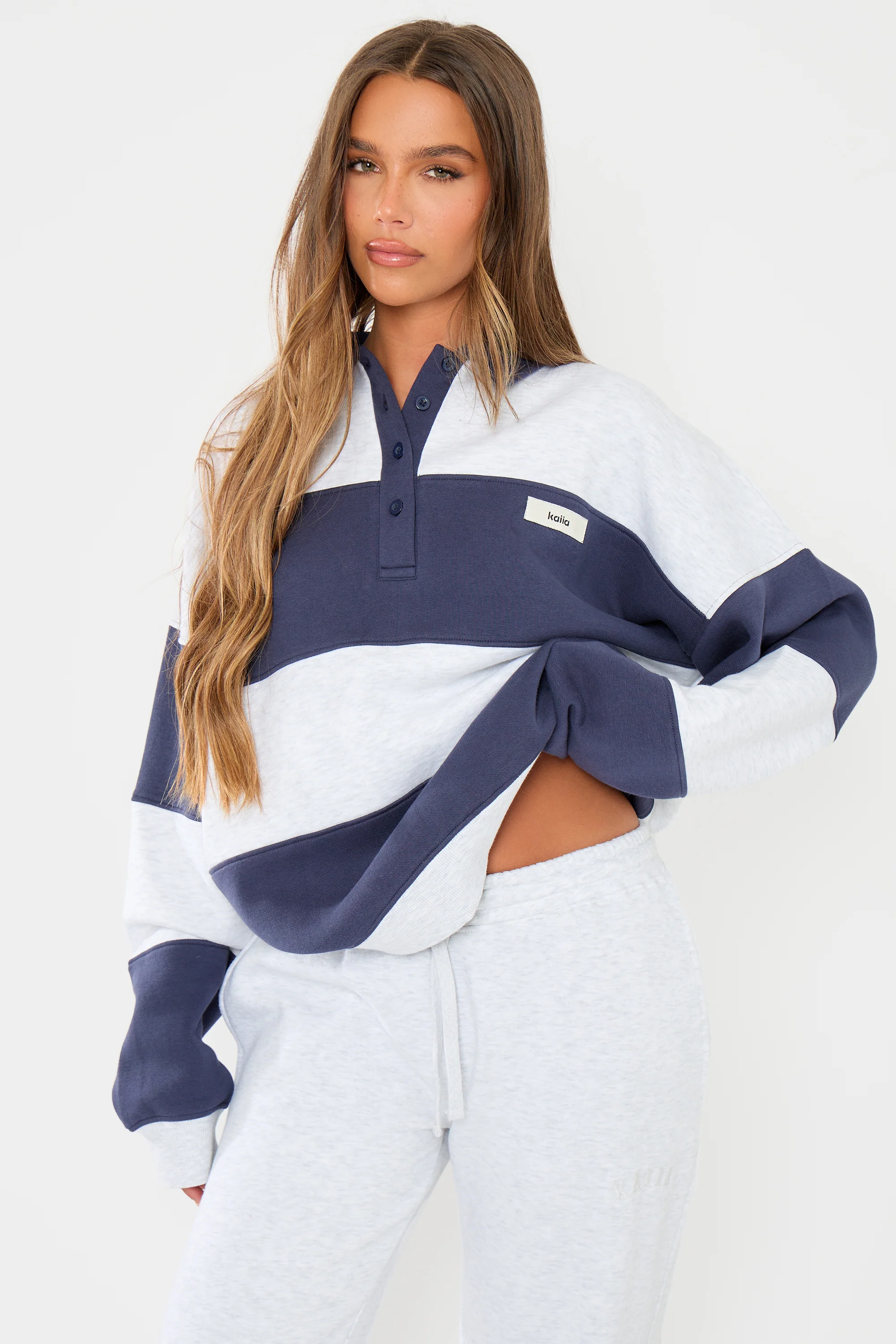 Kaiia Striped Oversized Rugby Sweatshirt Navy & Grey Marl - Image 9