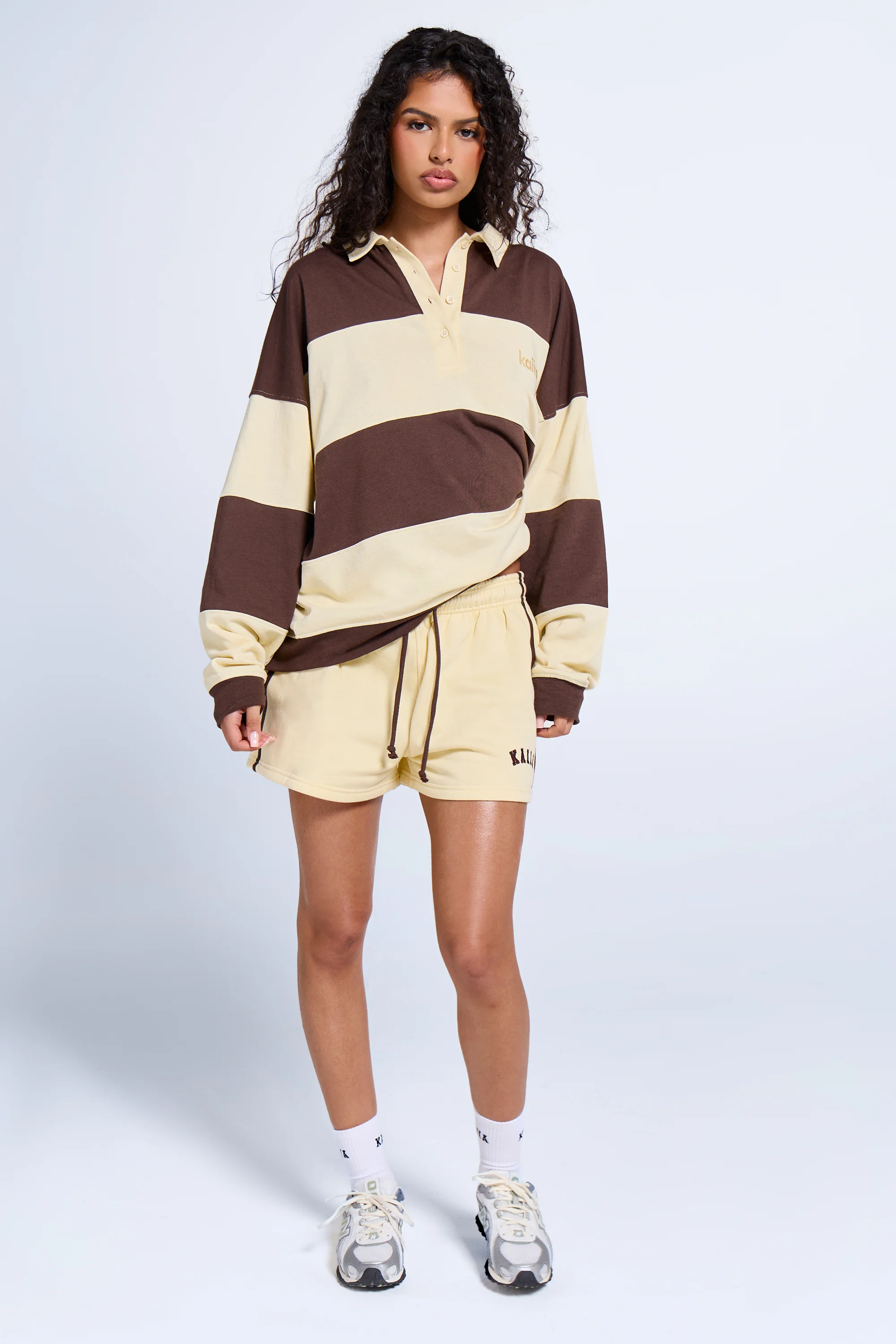Kaiia Striped Oversized Rugby Style Top Butter Yellow & Brown - Image 3