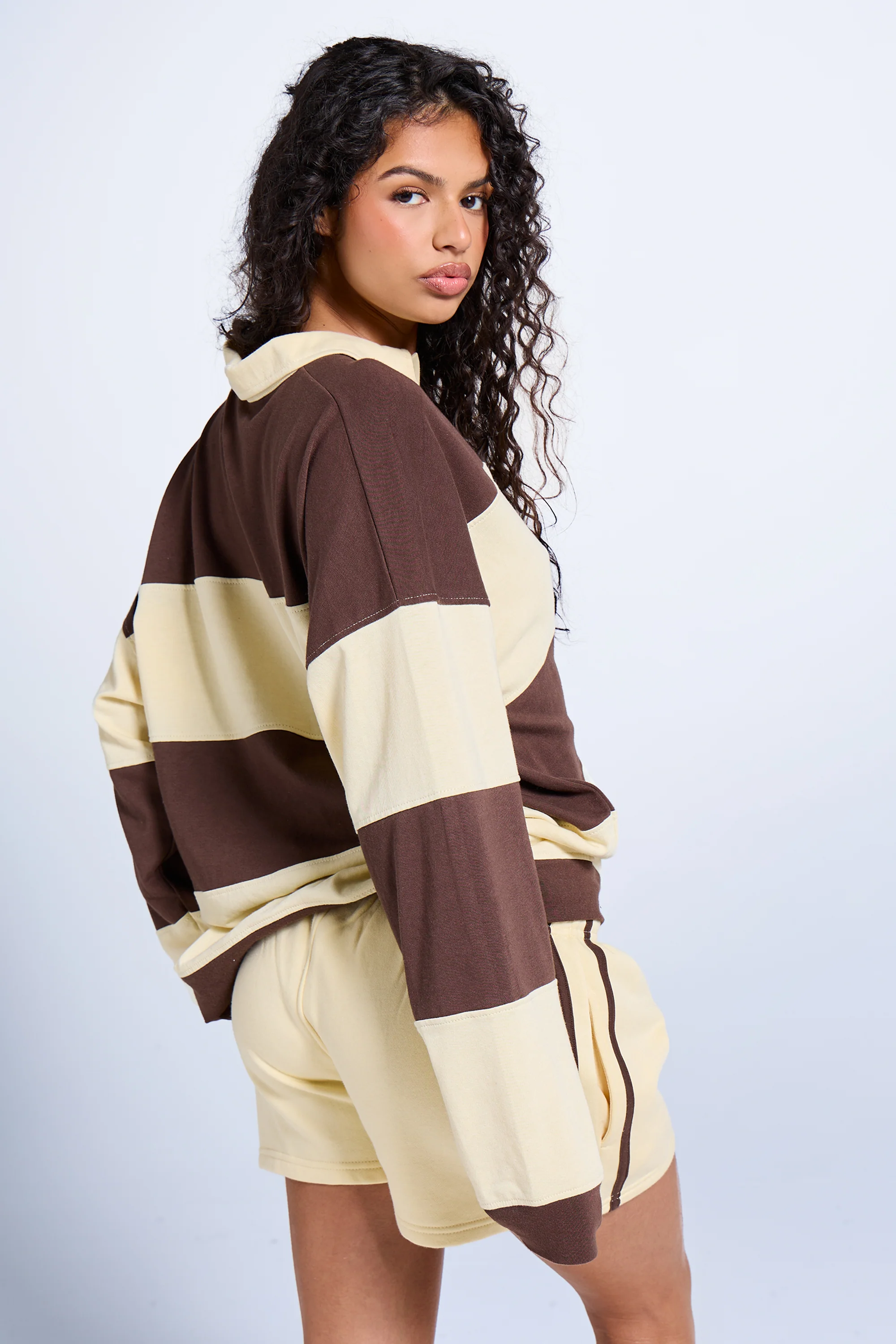 Kaiia Striped Oversized Rugby Style Top Butter Yellow & Brown - Image 4