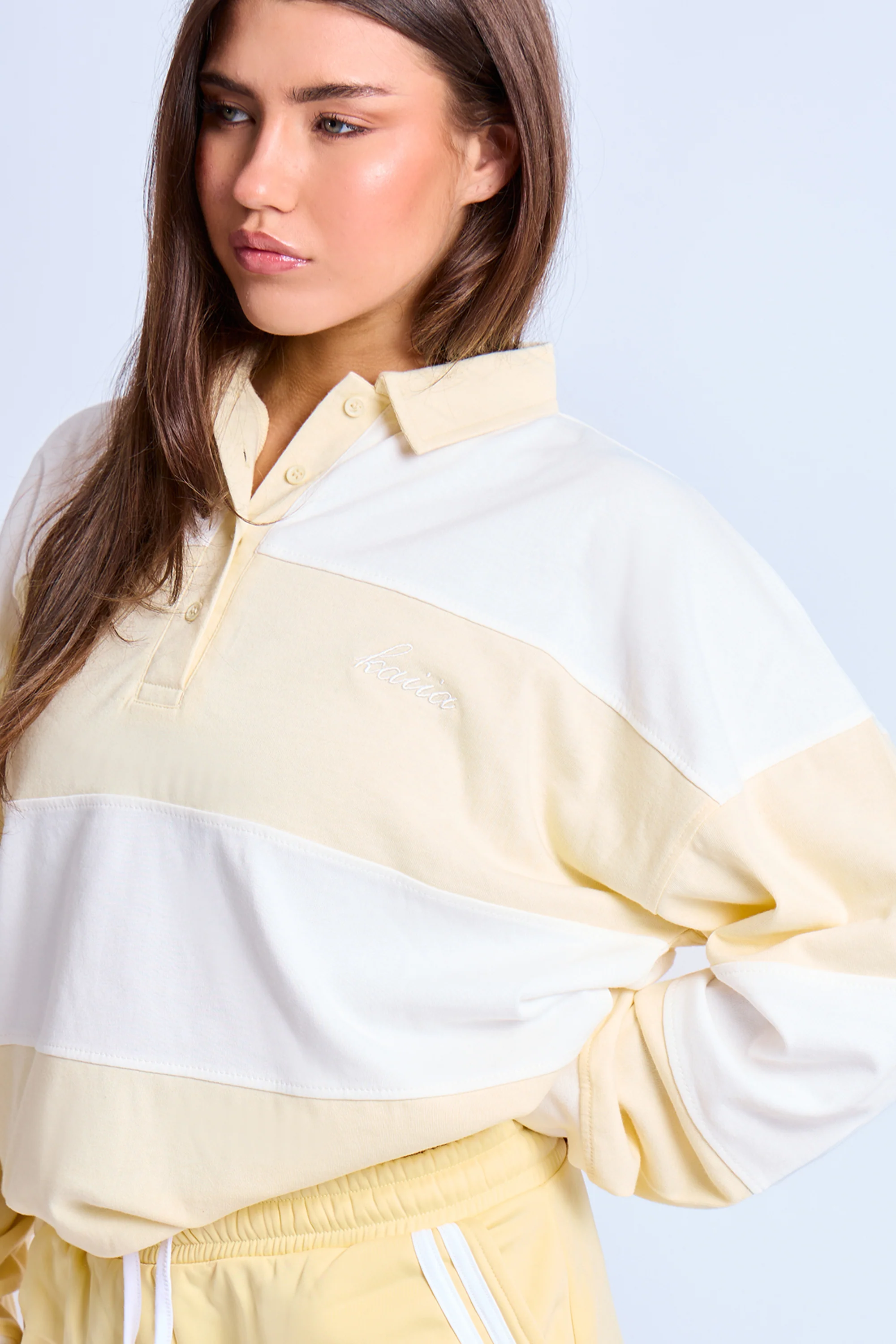Kaiia Striped Oversized Rugby Style Top Lemon & White - Image 2