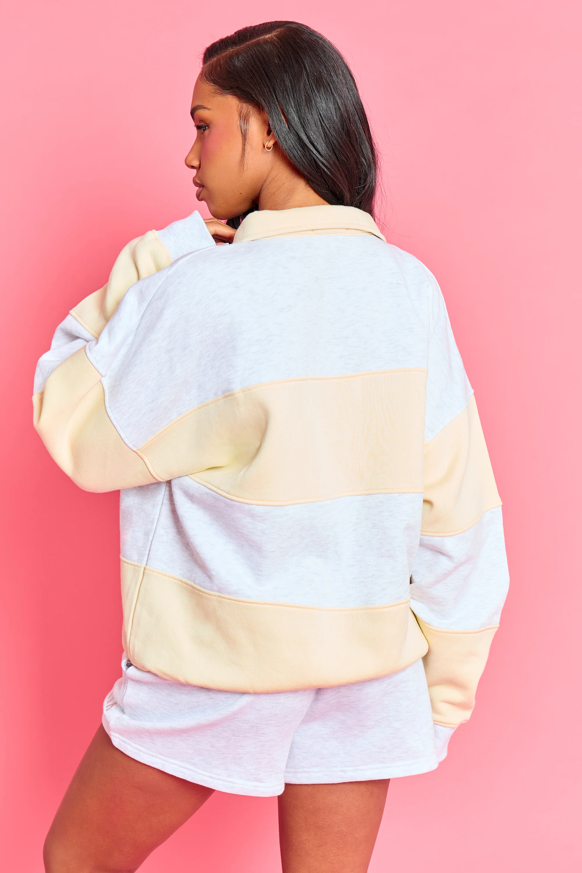 Kaiia Striped Oversized Rugby Sweatshirt Light Grey Marl & Lemon Frosting - Image 4