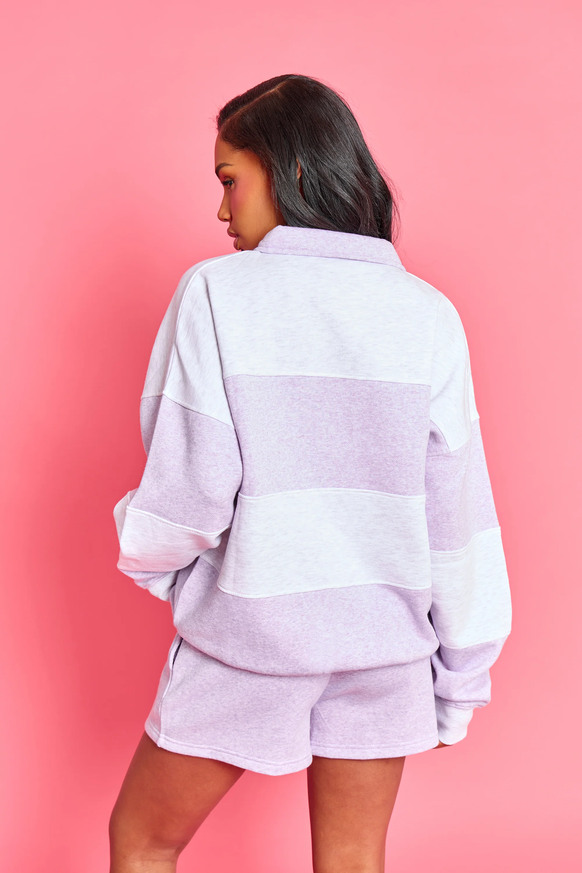 Kaiia Striped Oversized Rugby Sweatshirt Light Grey Marl & Lilac Marl - Image 4