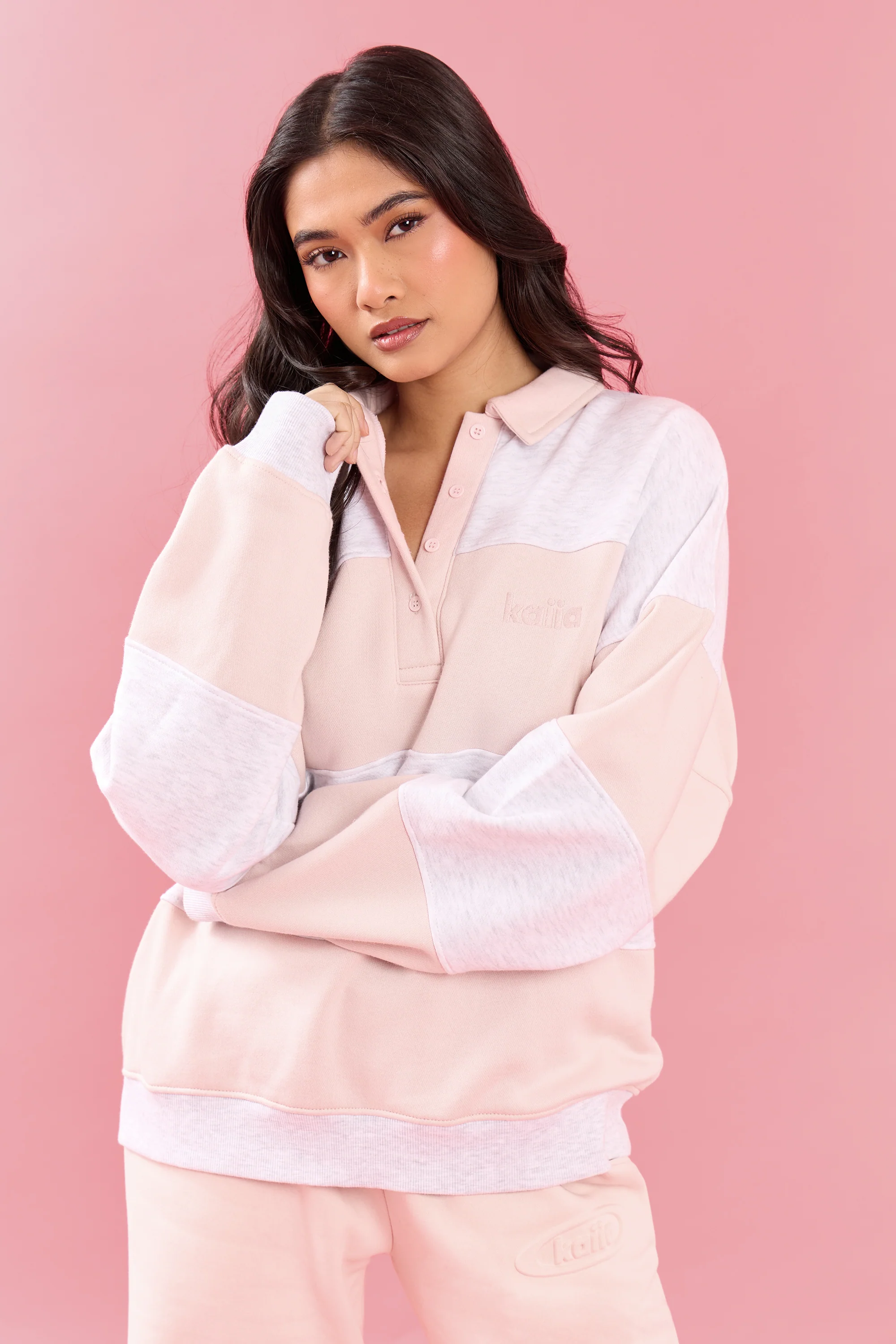 Kaiia Striped Oversized Rugby Sweatshirt Light Grey Marl & Pink Chai - Image 5