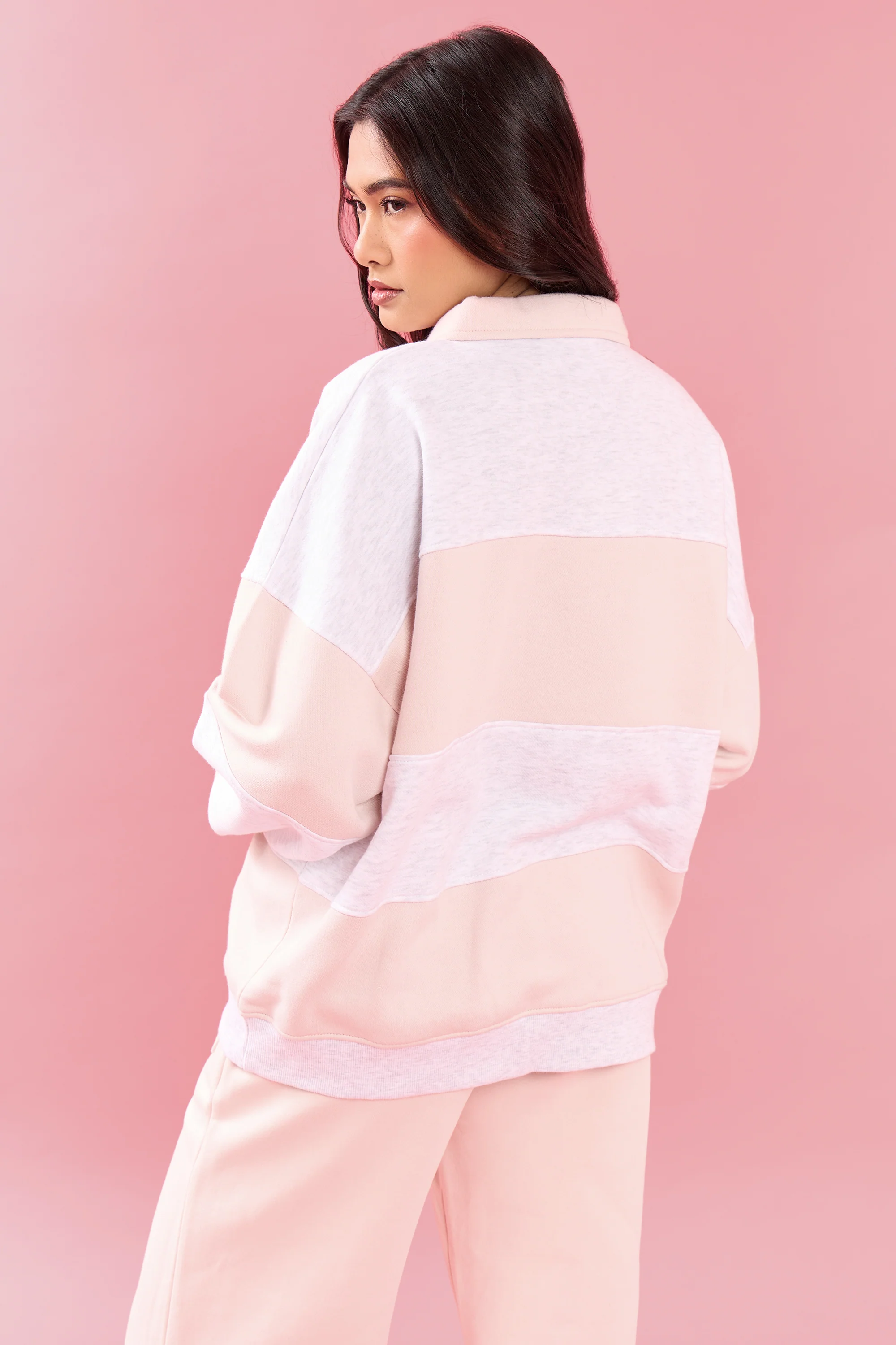 Kaiia Striped Oversized Rugby Sweatshirt Light Grey Marl & Pink Chai - Image 8