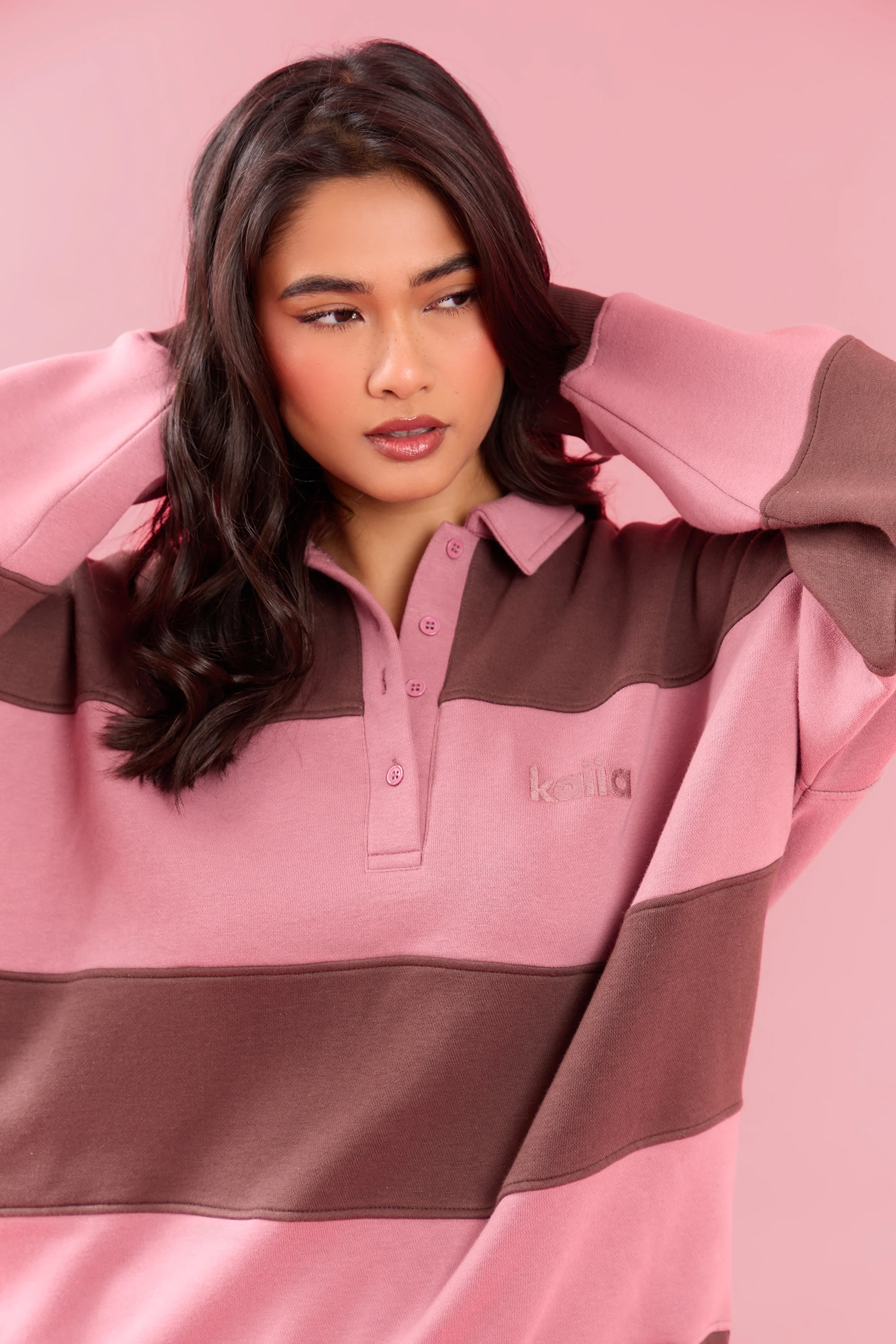 Kaiia Striped Oversized Rugby Sweatshirt Rose Latte & Cocoa Brown - Image 3