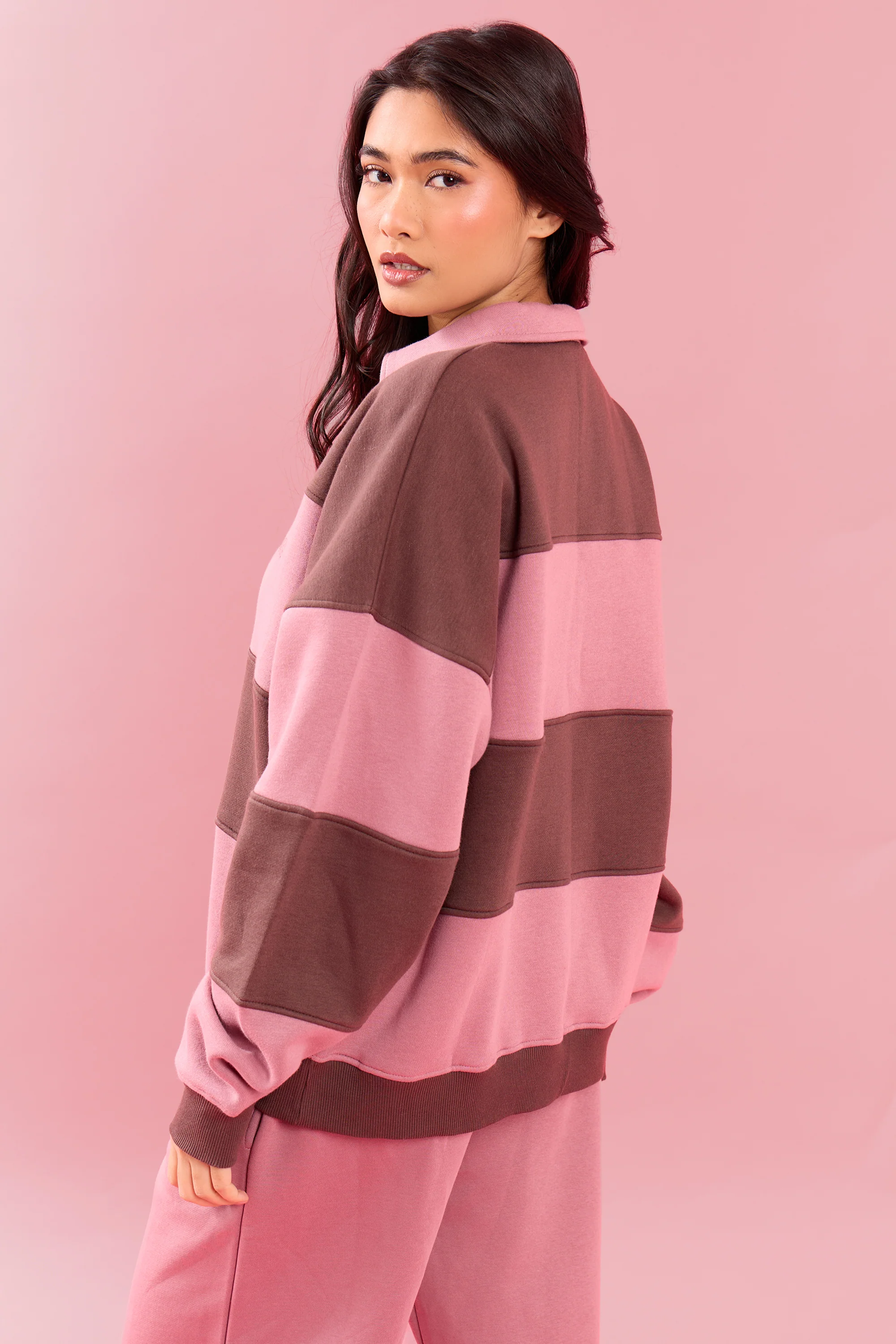 Kaiia Striped Oversized Rugby Sweatshirt Rose Latte & Cocoa Brown - Image 4