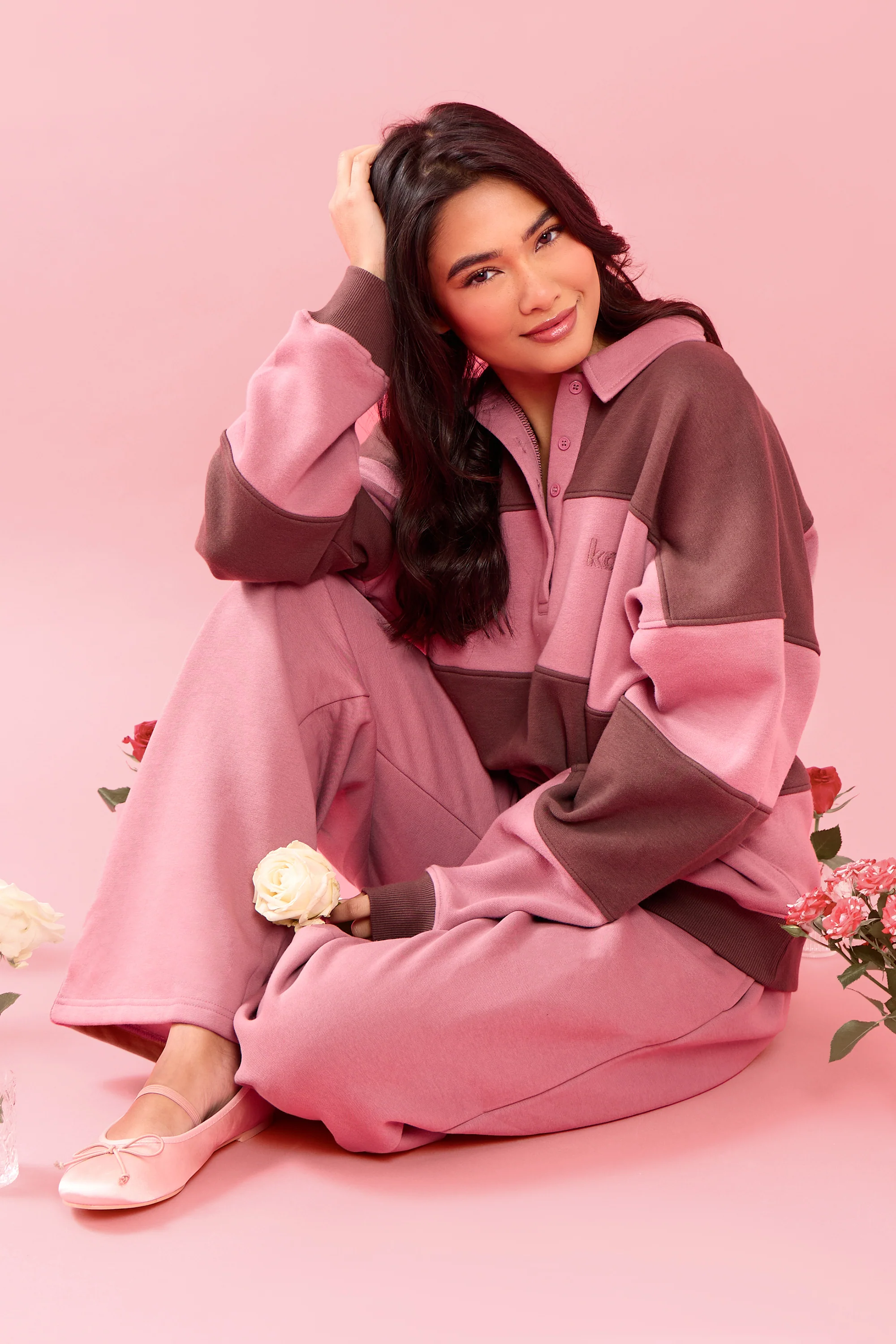 Kaiia Striped Oversized Rugby Sweatshirt Rose Latte & Cocoa Brown - Image 5