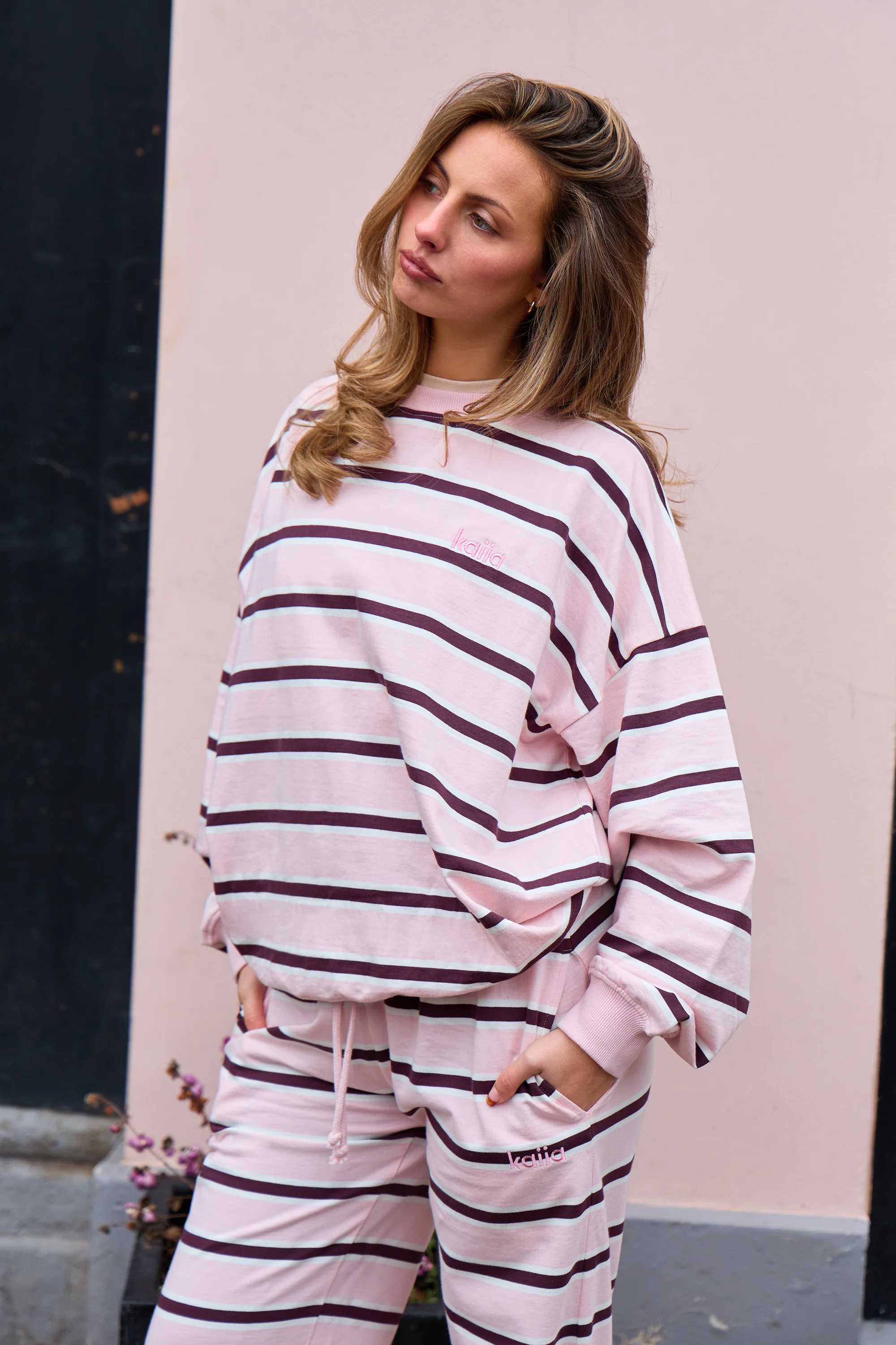 Kaiia Striped Oversized Sweatshirt Pink & Chocolate
