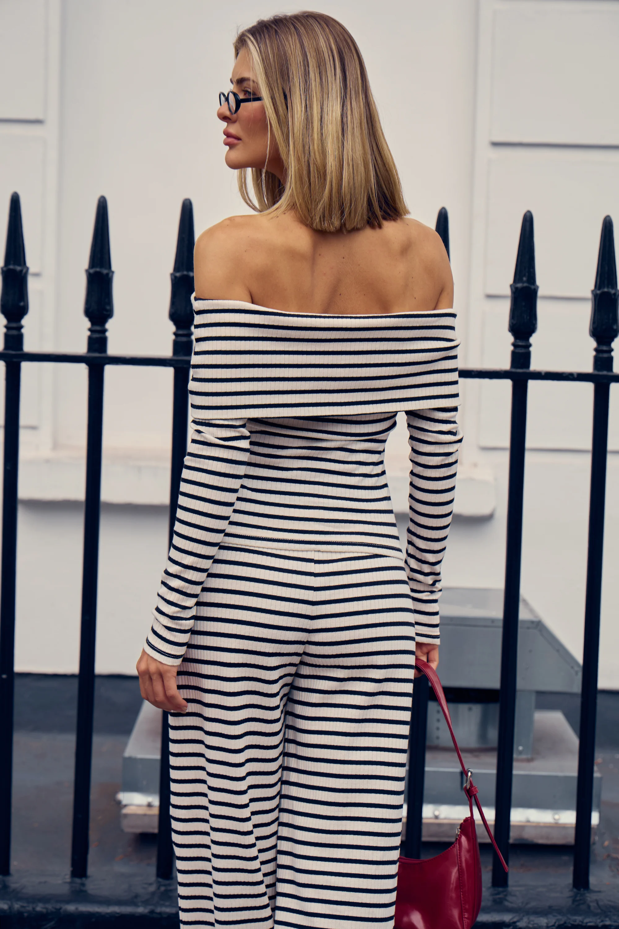 Kaiia Striped Rib Bardot Top Black & White - Image 3