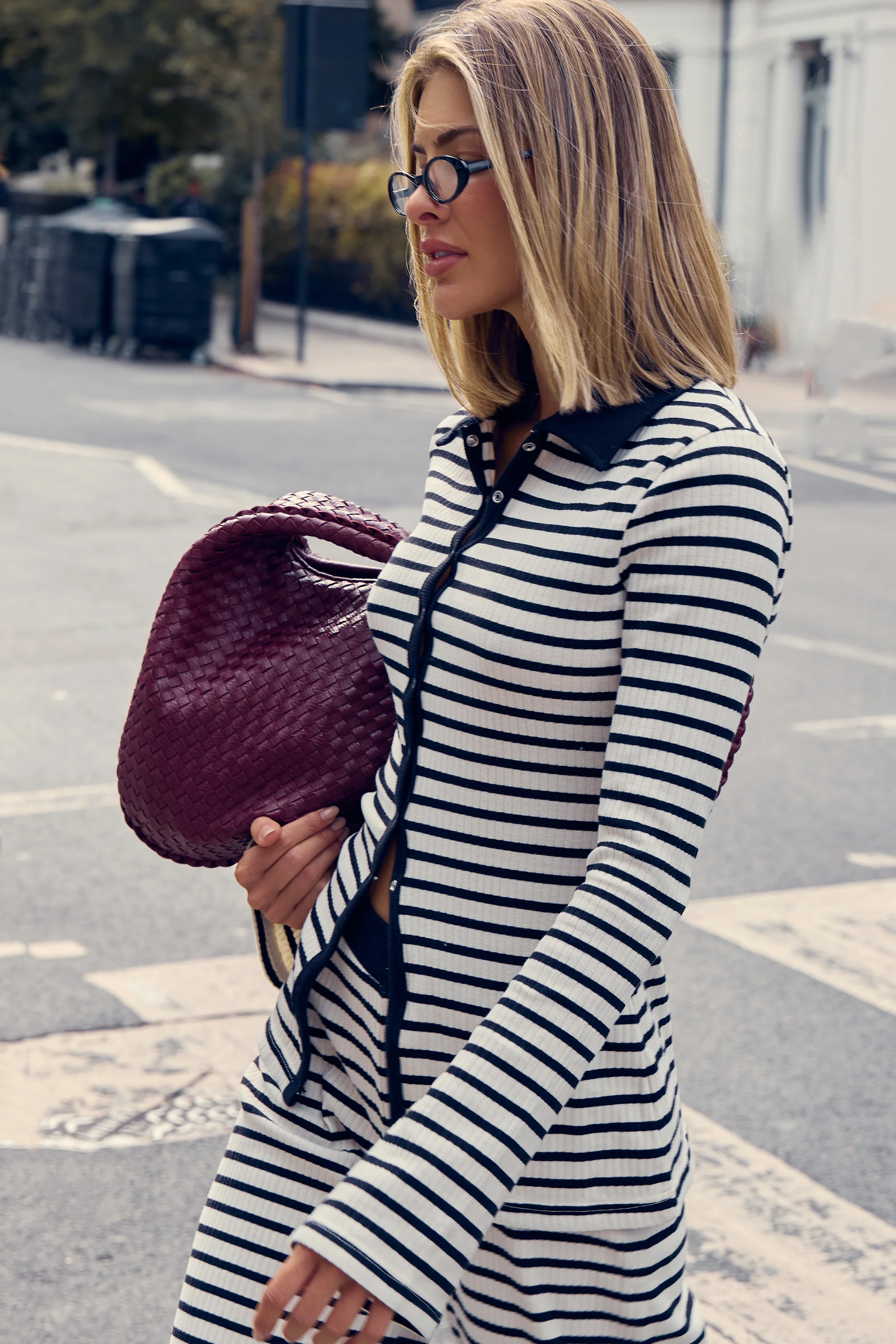 Kaiia Striped Rib Button Down Top Black & White - Image 5