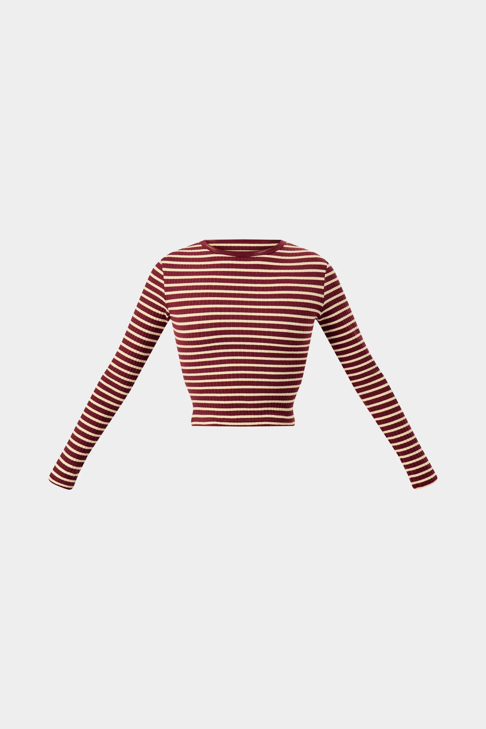 Kaiia Striped Rib Fitted Long Sleeve Baby Tee Dark Cherry & Cream - Image 5