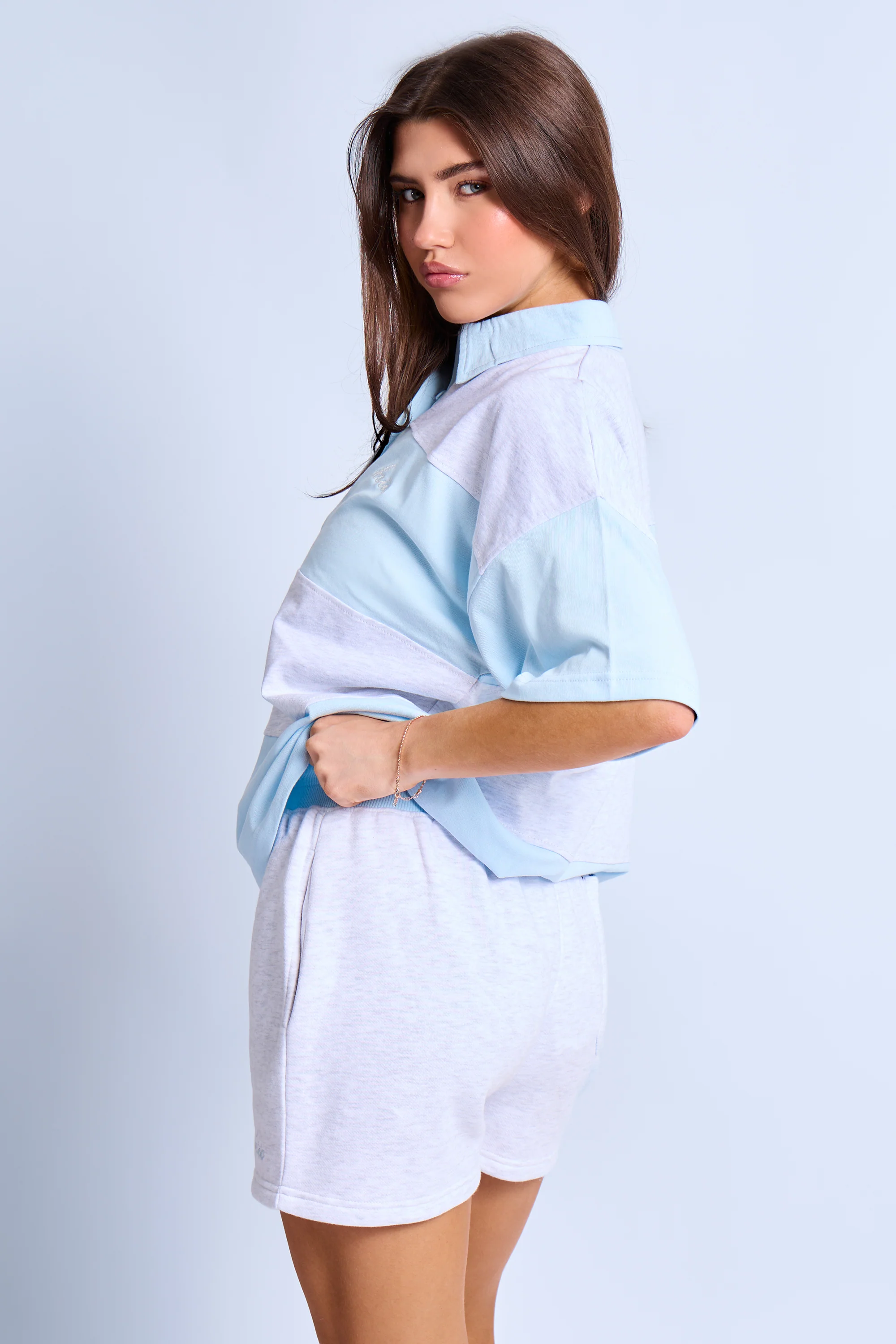 Kaiia Striped Short Sleeve Oversized Rugby Style Top Light Blue & Grey Marl - Image 4