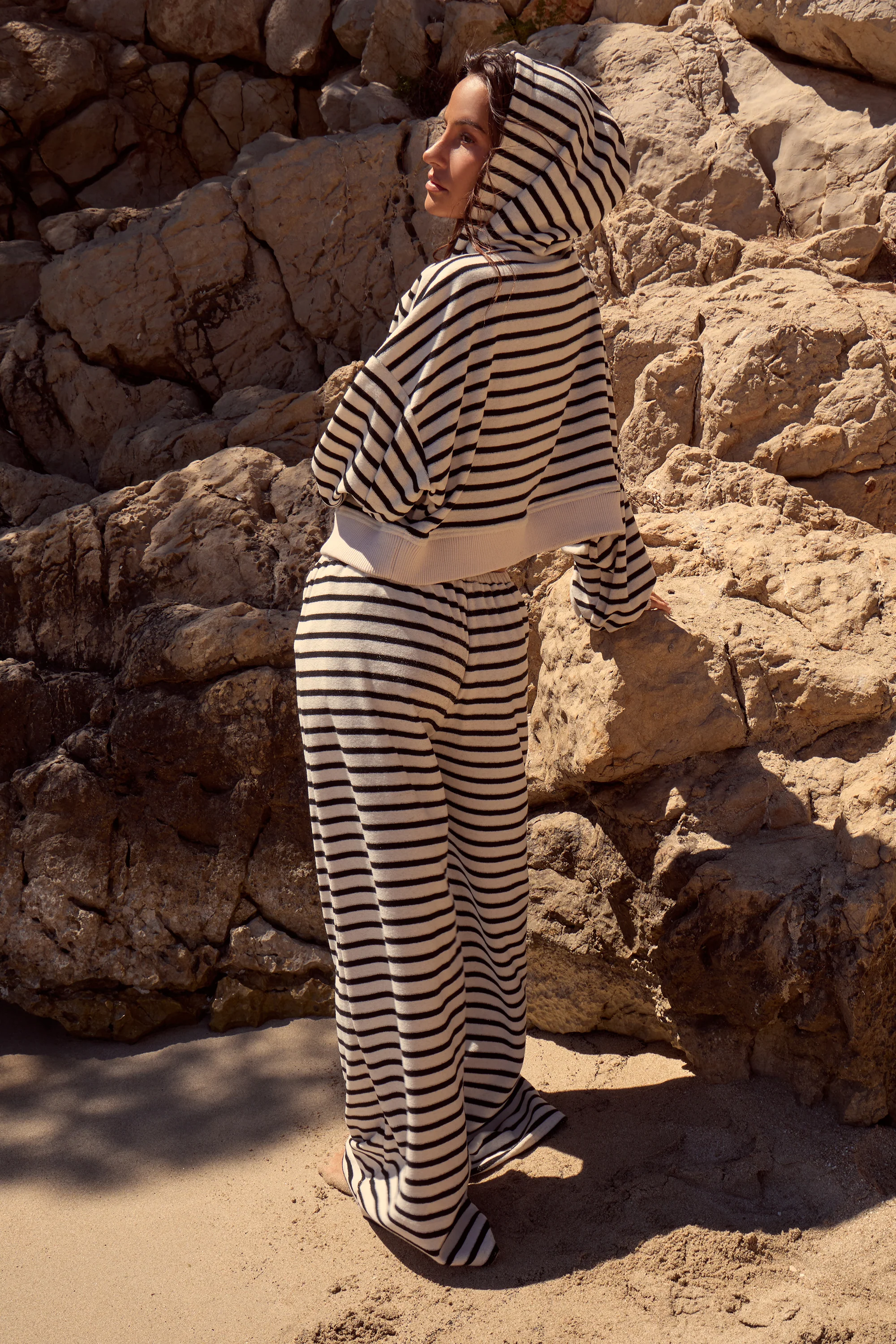 Kaiia Striped Towelling Wide Leg Trousers Black & White - Image 4