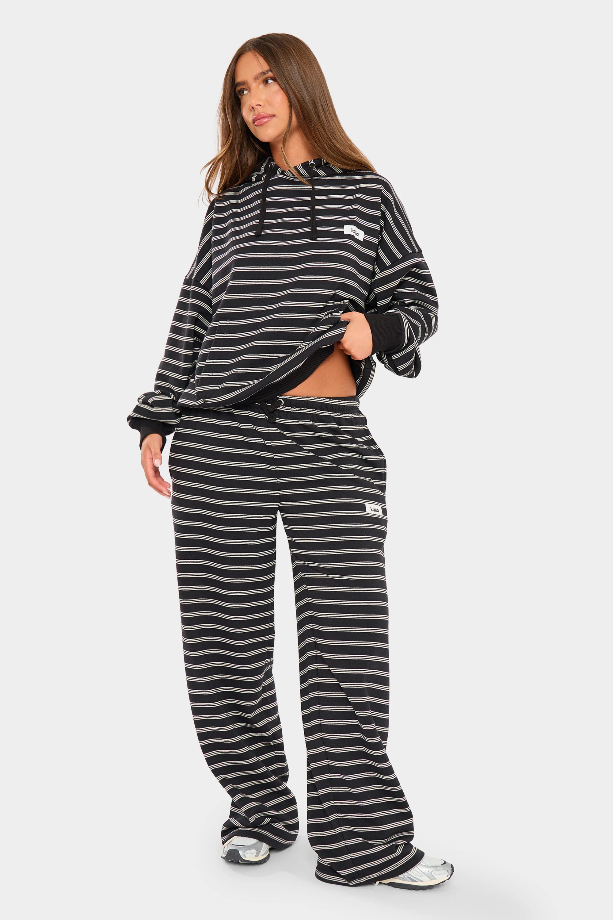 Kaiia Striped Wide Leg Joggers Black & Cream - Image 4