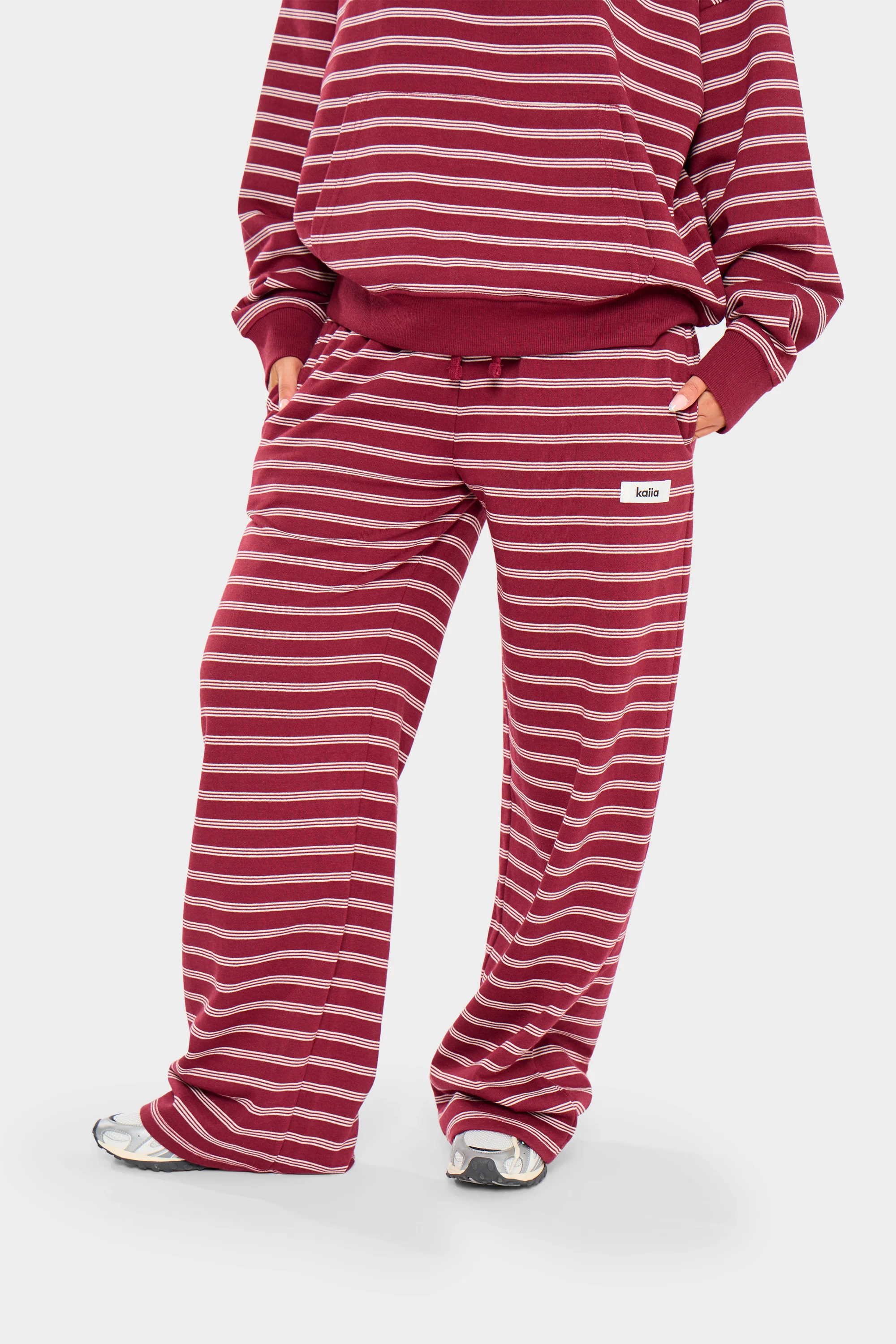 Kaiia Striped Wide Leg Joggers Burgundy & Cream - Image 6