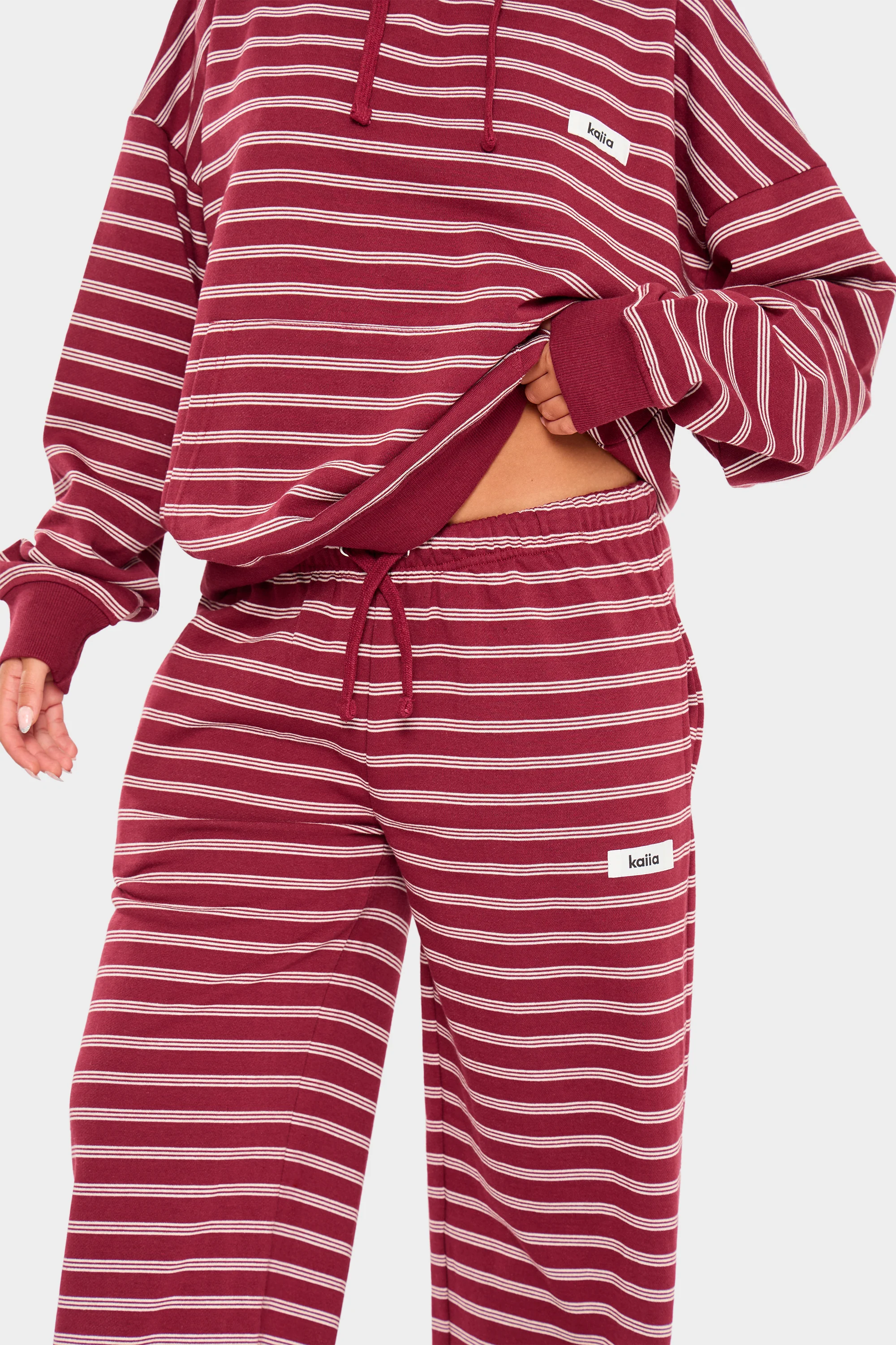 Kaiia Striped Wide Leg Joggers Burgundy & Cream - Image 8