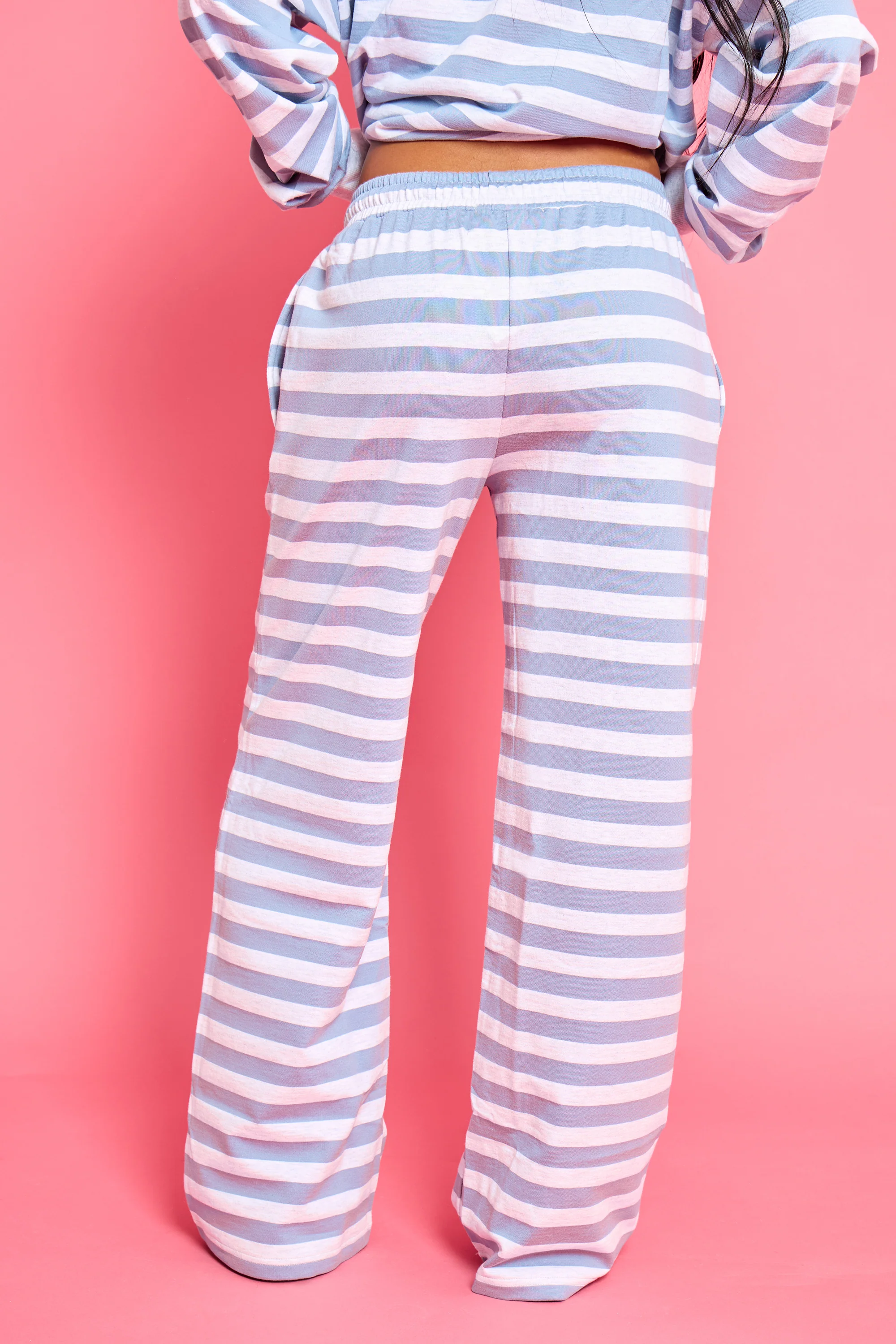 Kaiia Striped Wide Leg Joggers Soft Blue & Grey Marl - Image 4