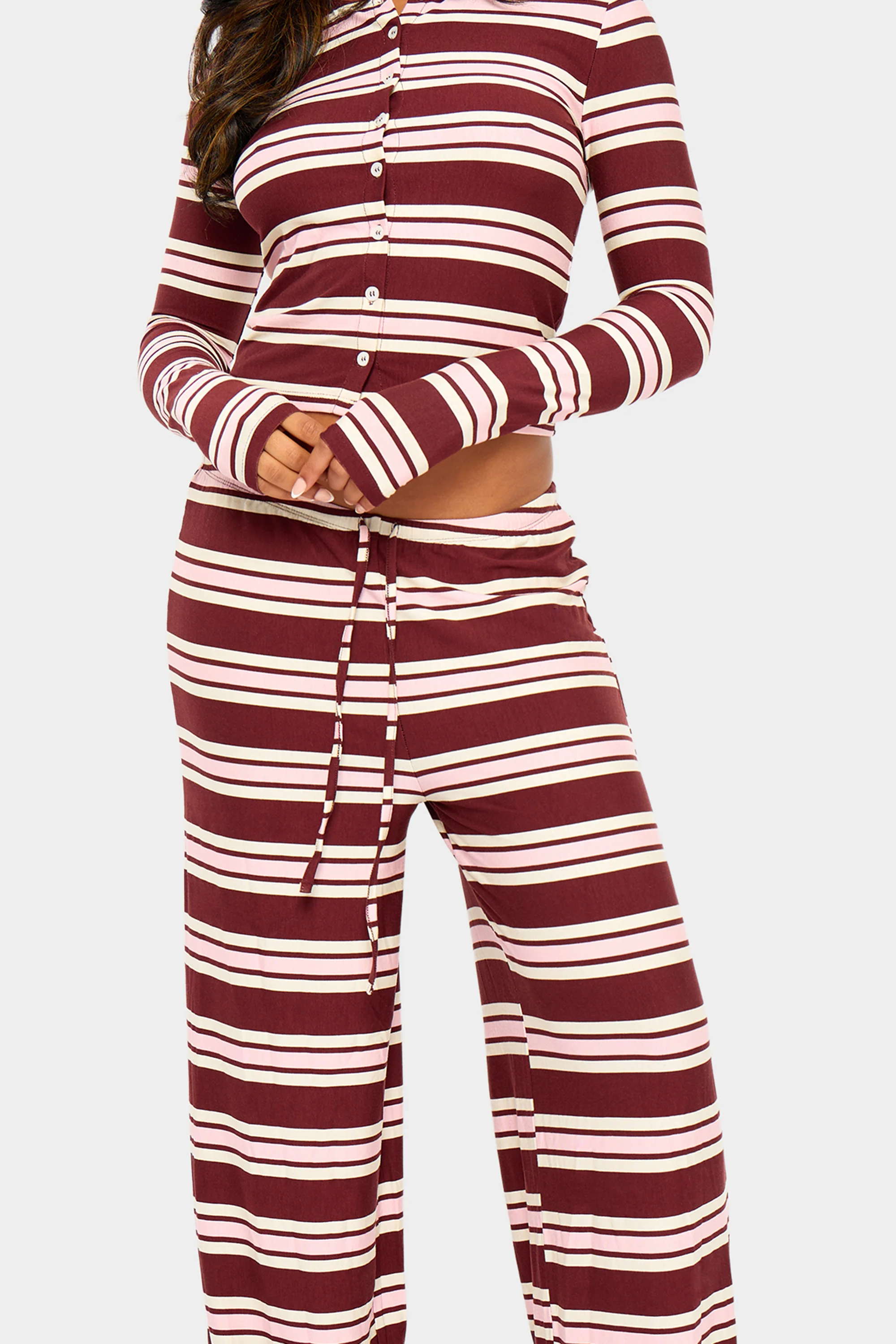 Kaiia Striped Wide Leg Trousers Burgundy & Pink - Image 4